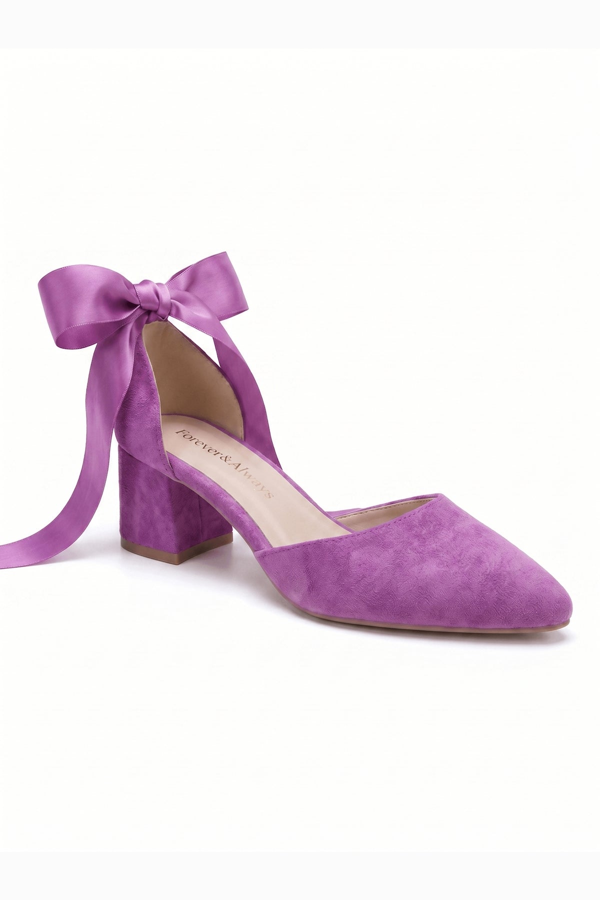 Fiona Fuchsia Suede Bow Ankle Strap Block Heel Pump – front three-quarter view showing bow, suede, red, Vowalisse