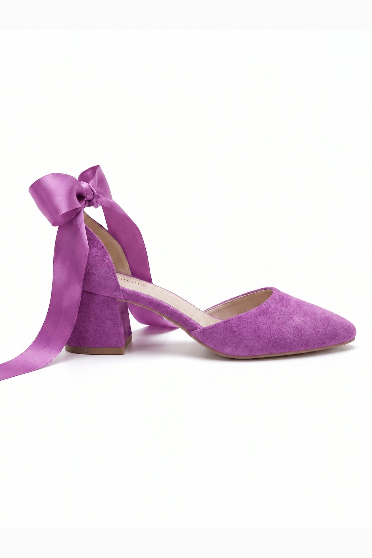 Fiona Fuchsia Suede Bow Ankle Strap Block Heel Pump – side view showing bow, suede, red, Vowalisse