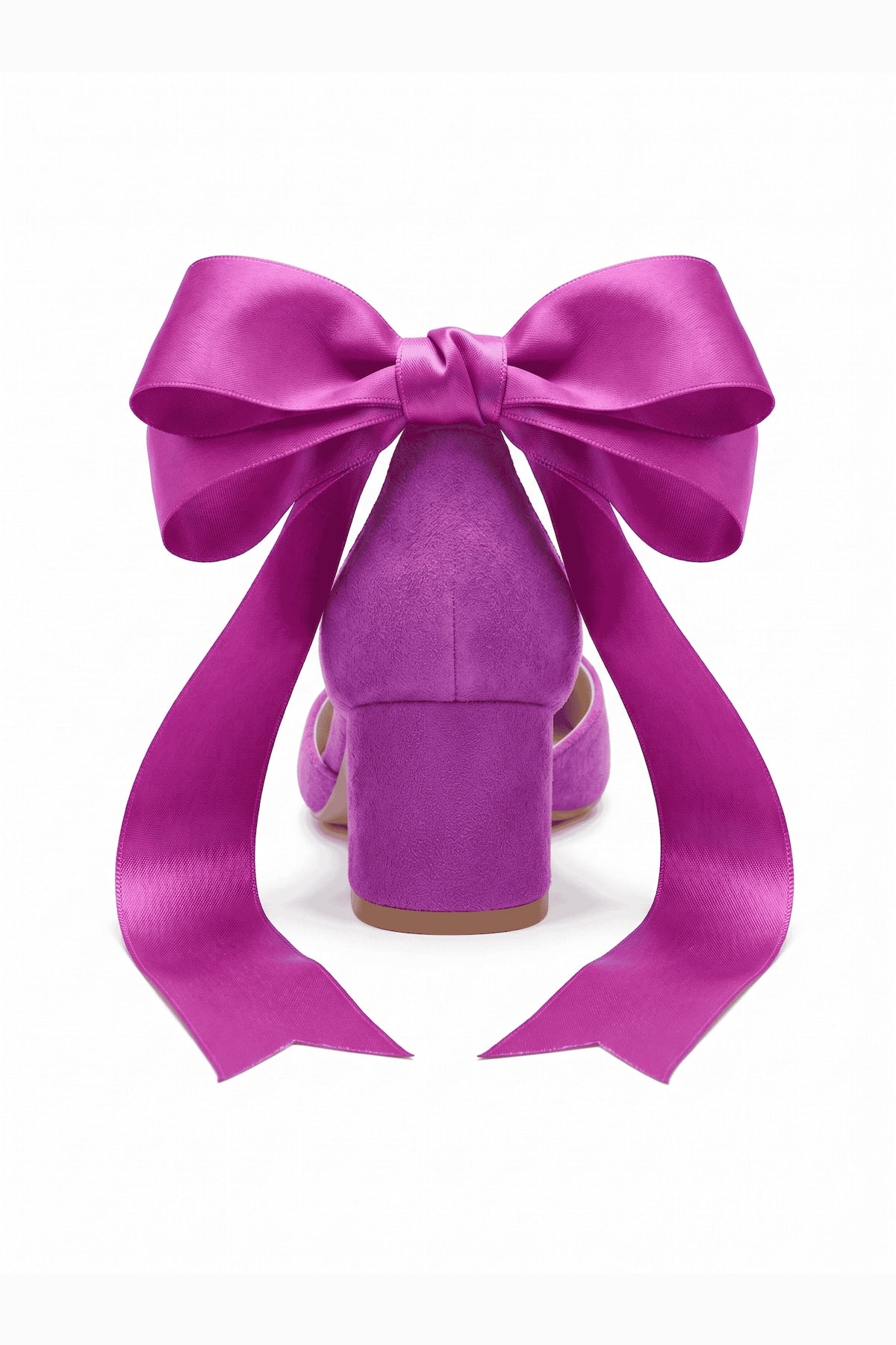 Fiona Fuchsia Suede Bow Ankle Strap Block Heel Pump – detail view showing bow, suede, red, Vowalisse