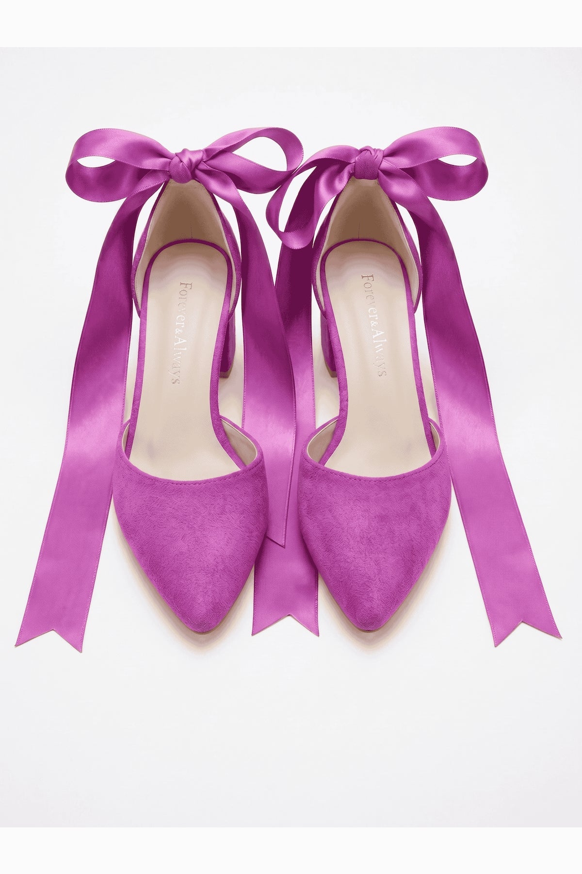 Fiona Fuchsia Suede Bow Ankle Strap Block Heel Pump – heel view showing bow, suede, red, Vowalisse