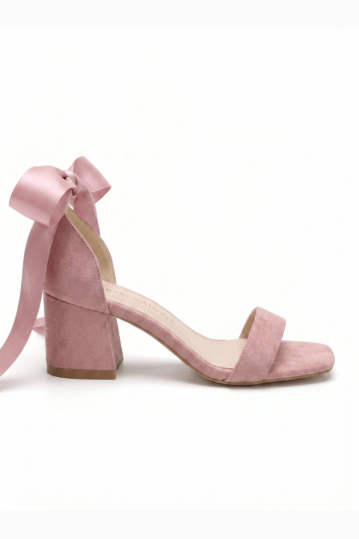 Rova Dusty Pink Suede Satin Bow Block Heel Sandal – side view showing bow, satin, suede, Vowalisse
