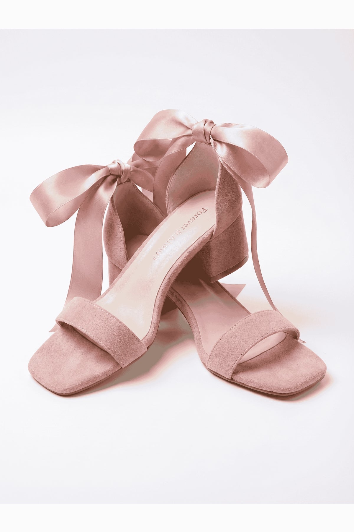 Rova Dusty Pink Suede Satin Bow Block Heel Sandal – heel view showing bow, satin, suede, Vowalisse