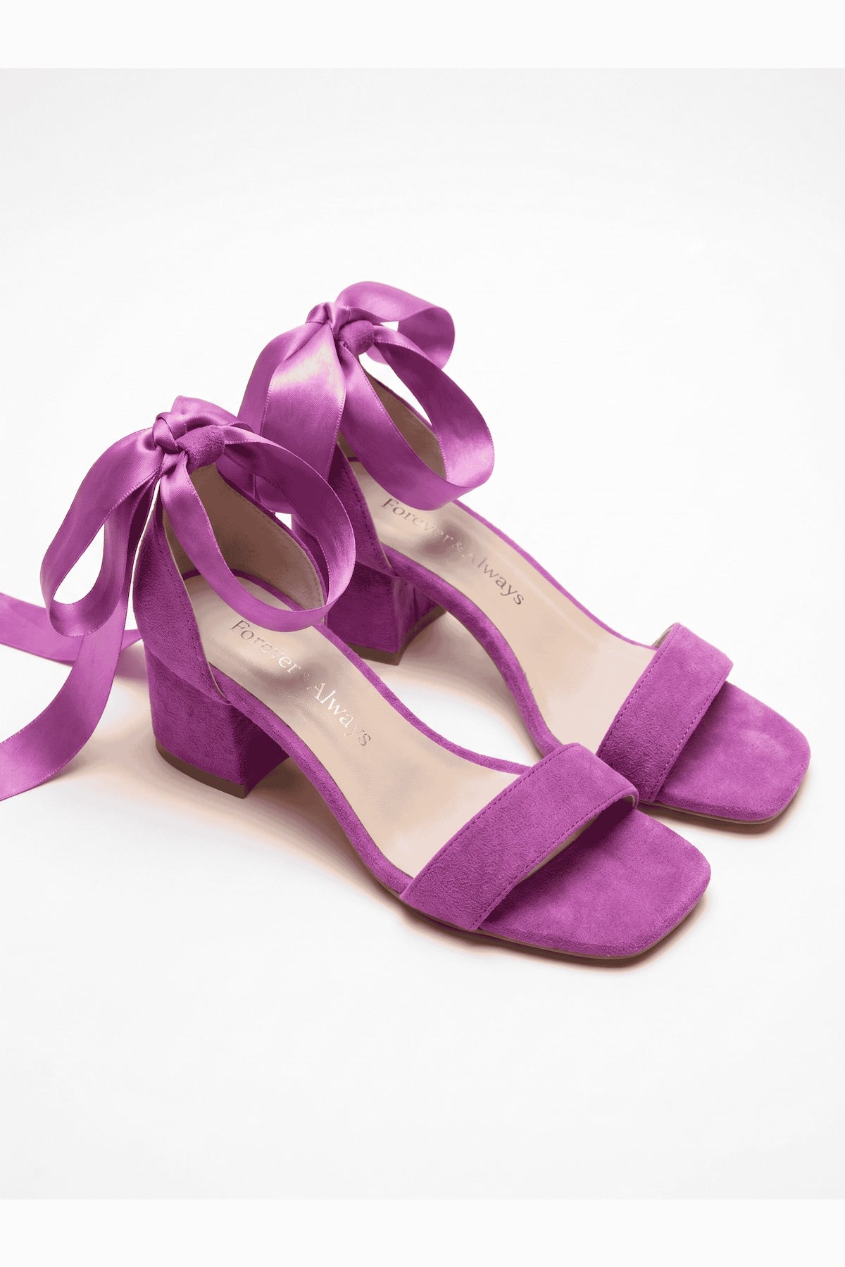 Rova Fuchsia Suede Satin Ribbon Ankle Strap Block Heel Sandal – heel view showing satin, suede, Vowalisse