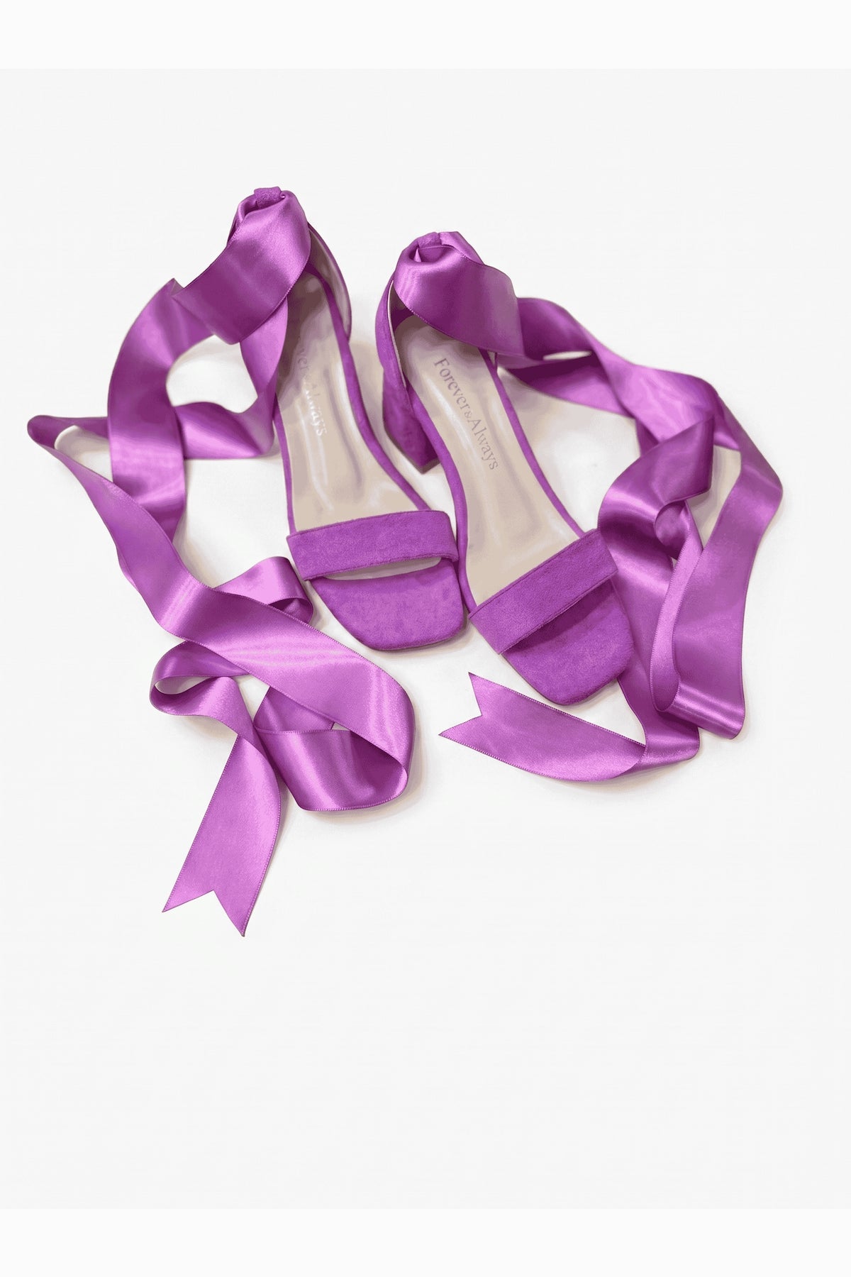 Rova Fuchsia Suede Satin Ribbon Ankle Strap Block Heel Sandal – back view showing satin, suede, Vowalisse