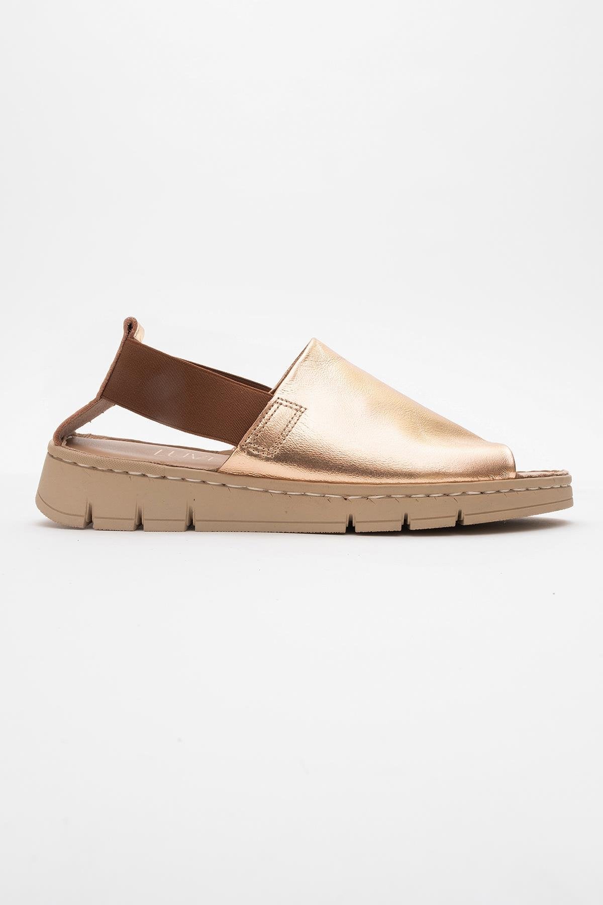 Londoi - Golden Elastic Strap Leather Sandal – top view showing leather, gold, Vowalisse