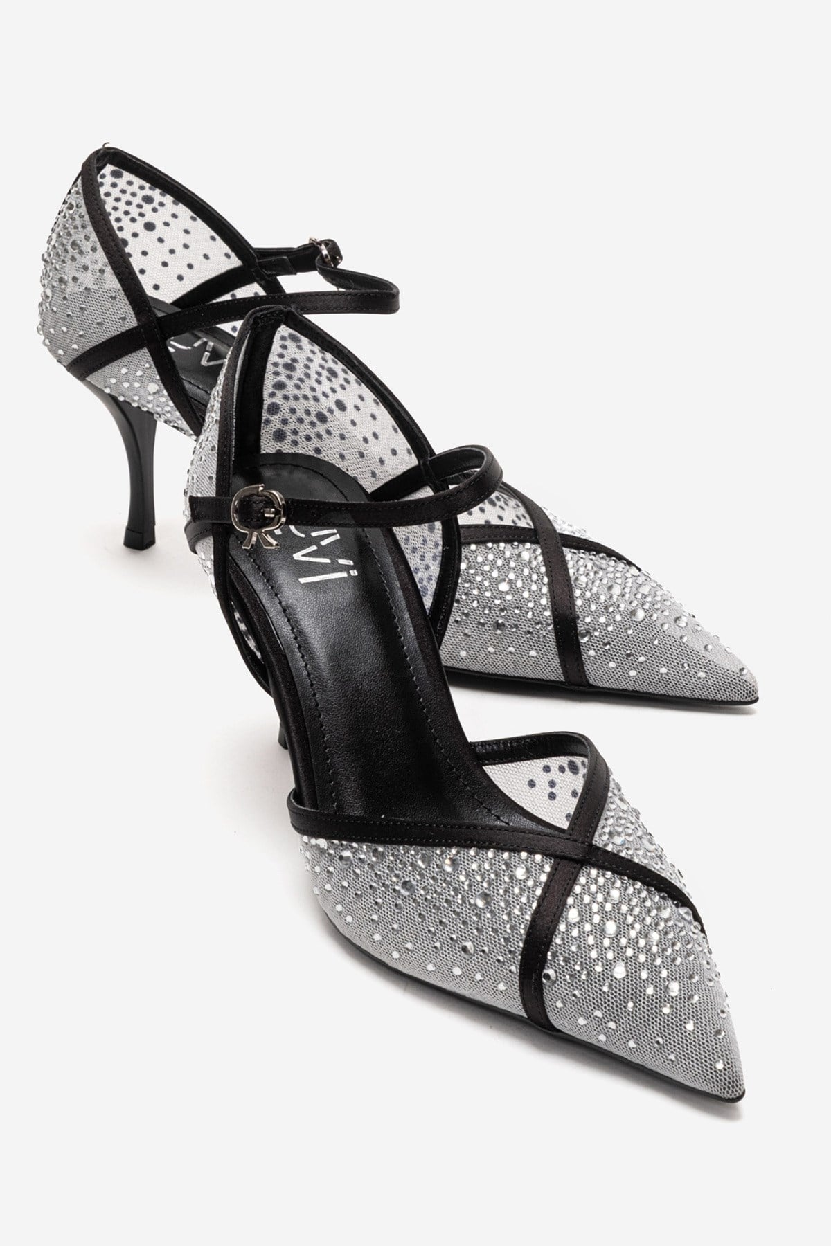 RACHEL - White And Black Genuine Leather Mesh And Satin Stone-Embellis – front three-quarter view showing satin, leather…