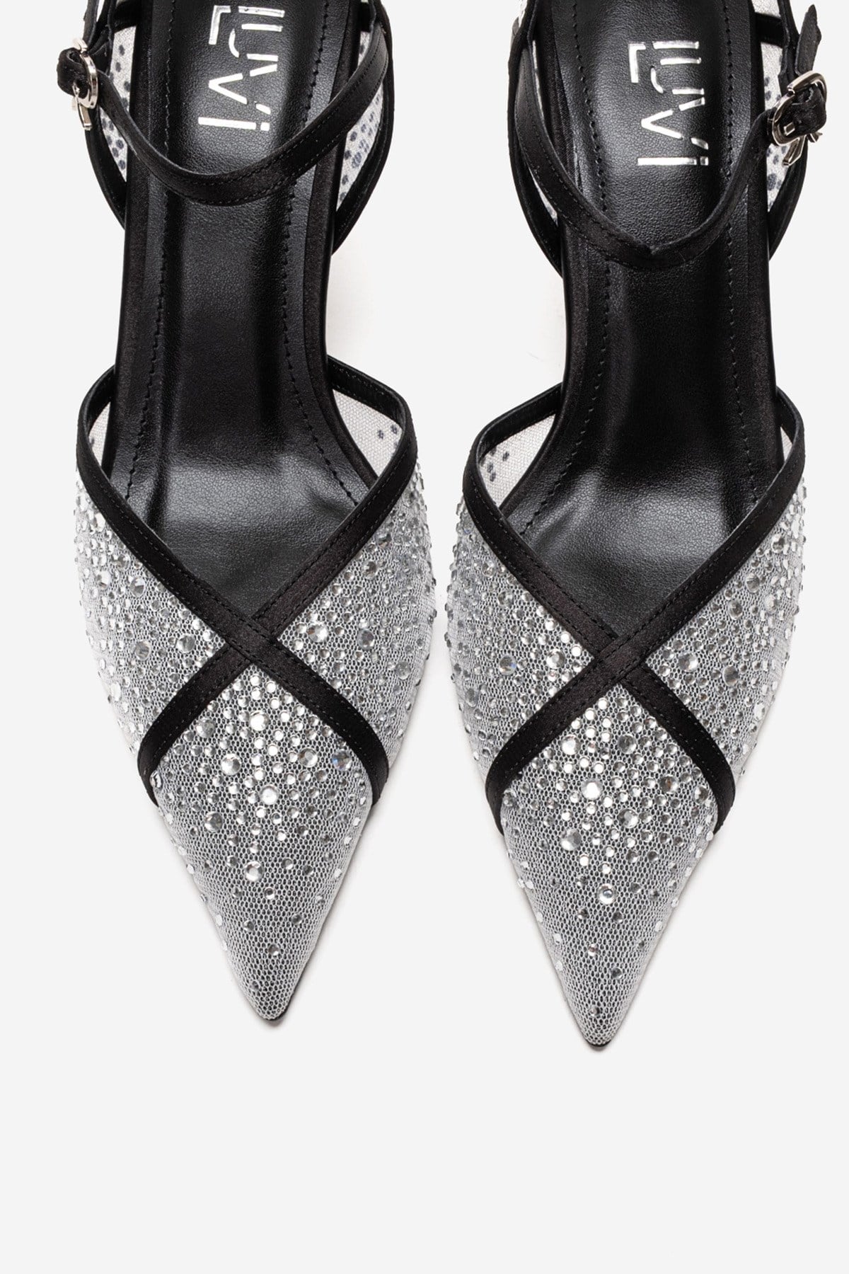RACHEL - White And Black Genuine Leather Mesh And Satin Stone-Embellis – side view showing satin, leather, glitter…