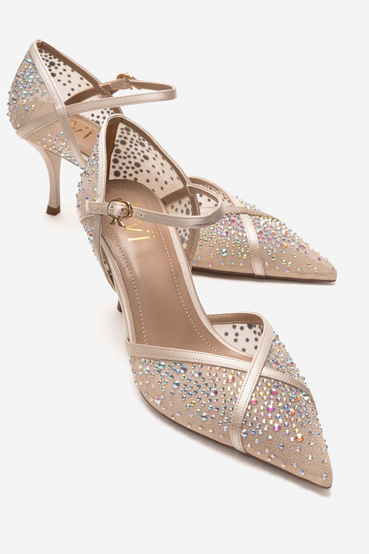 RACHEL - Beige Genuine Leather Satin Stone-Embellished Mesh Stiletto P – front three-quarter view showing satin, leather…