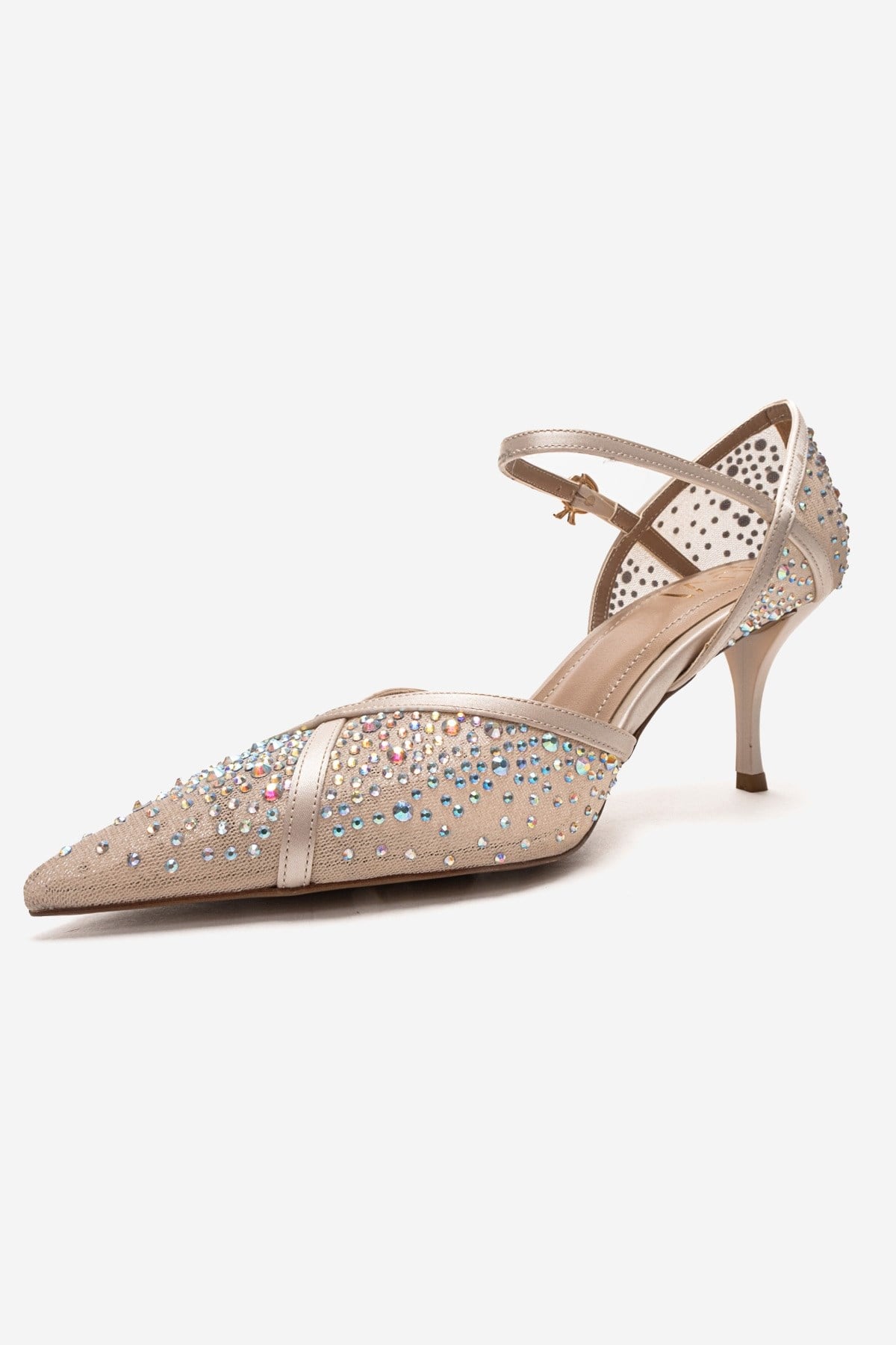 RACHEL - Beige Genuine Leather Satin Stone-Embellished Mesh Stiletto P – top view showing satin, leather, mesh, Vowalisse