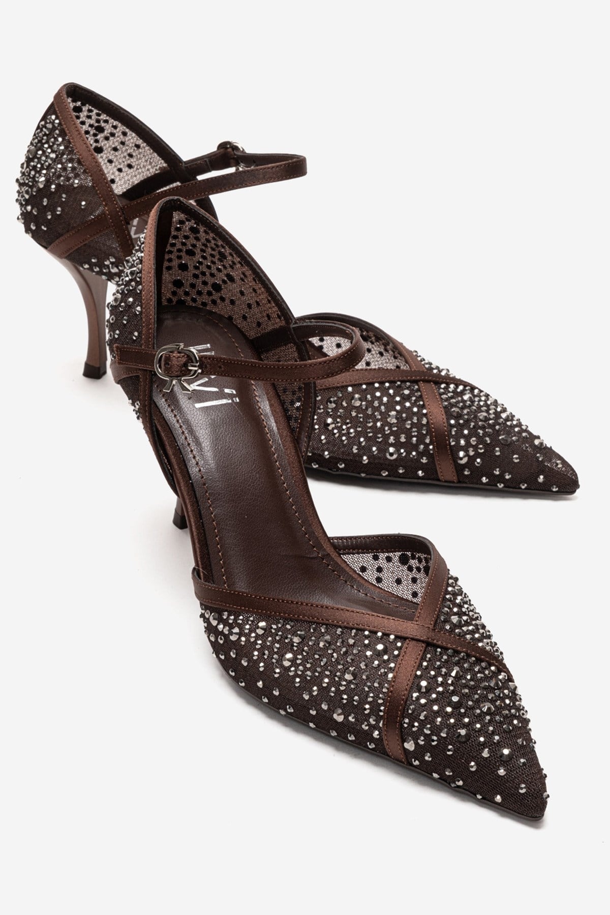 RACHEL - Brown Genuine Leather Satin Stone-Embellished Mesh Stiletto P – front three-quarter view showing satin, leather…