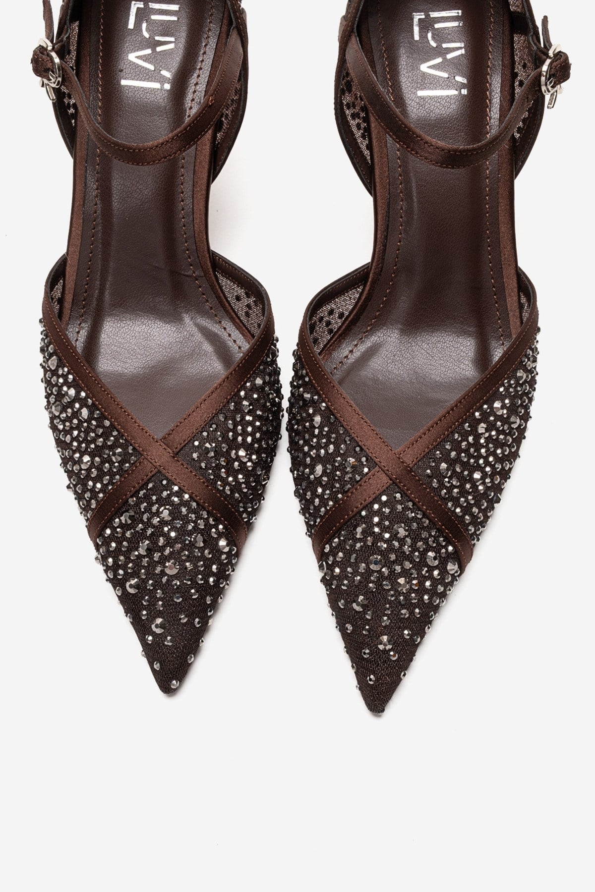 RACHEL - Brown Genuine Leather Satin Stone-Embellished Mesh Stiletto P – side view showing satin, leather, mesh, Vowalisse