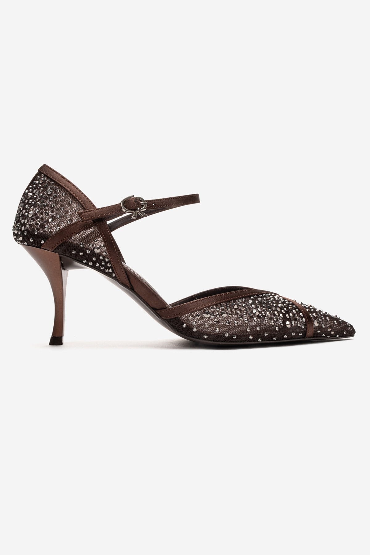 RACHEL - Brown Genuine Leather Satin Stone-Embellished Mesh Stiletto P – heel view showing satin, leather, mesh, Vowalisse
