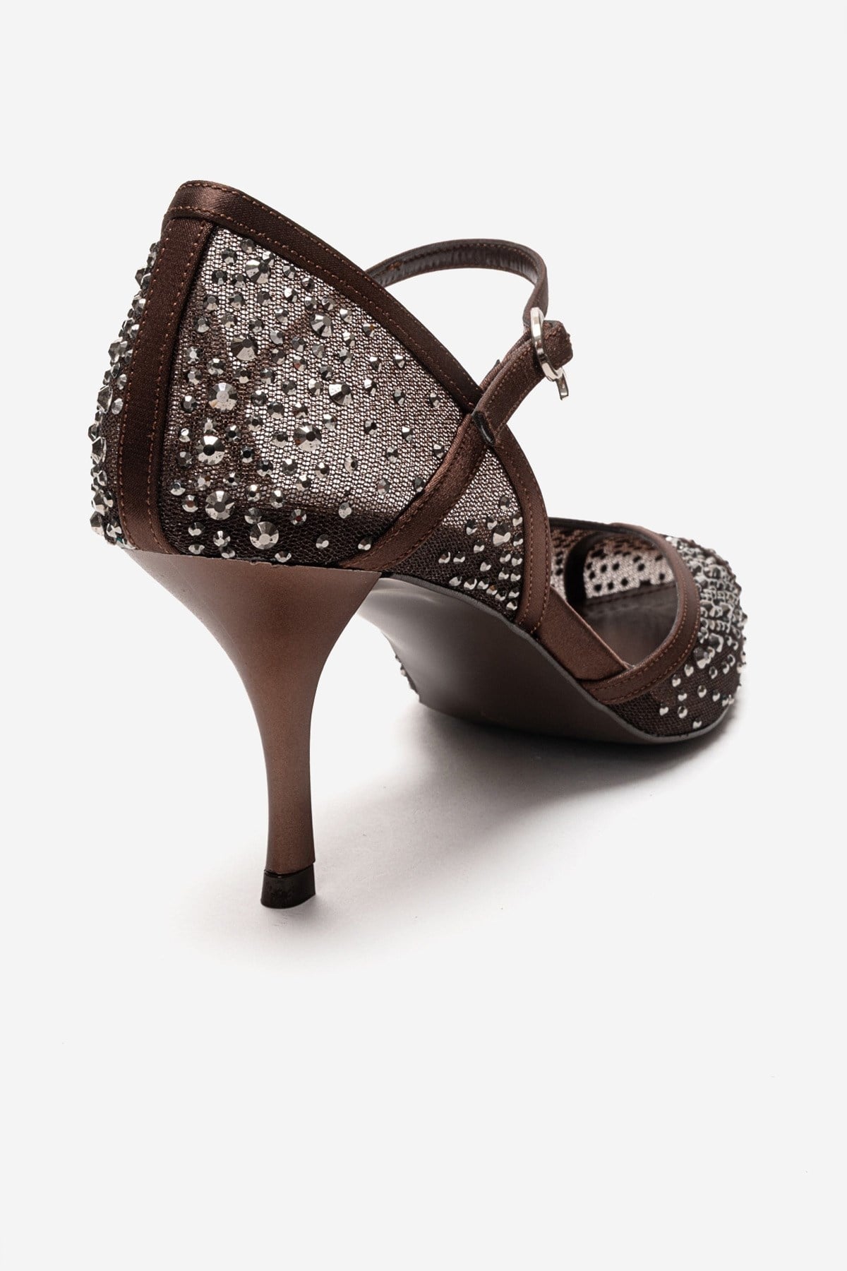 RACHEL - Brown Genuine Leather Satin Stone-Embellished Mesh Stiletto P – back view showing satin, leather, mesh, Vowalisse