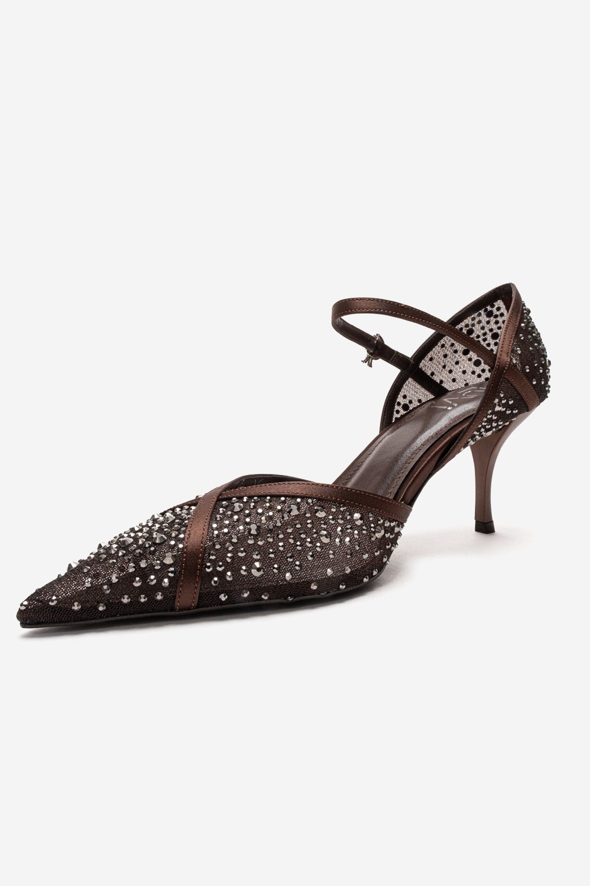 RACHEL - Brown Genuine Leather Satin Stone-Embellished Mesh Stiletto P – top view showing satin, leather, mesh, Vowalisse