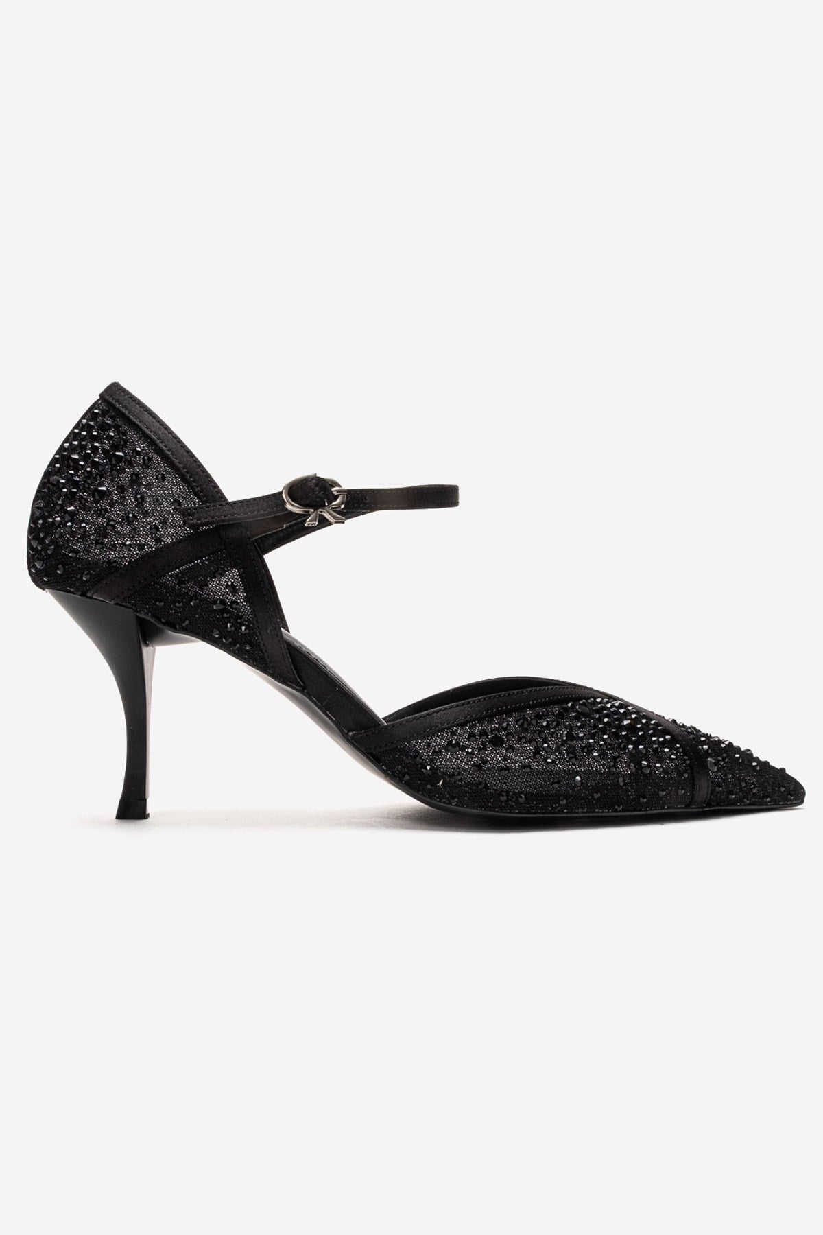 RACHEL - Black Genuine Leather Satin Stone-Embellished Mesh Stiletto P – heel view showing satin, leather, mesh, Vowalisse