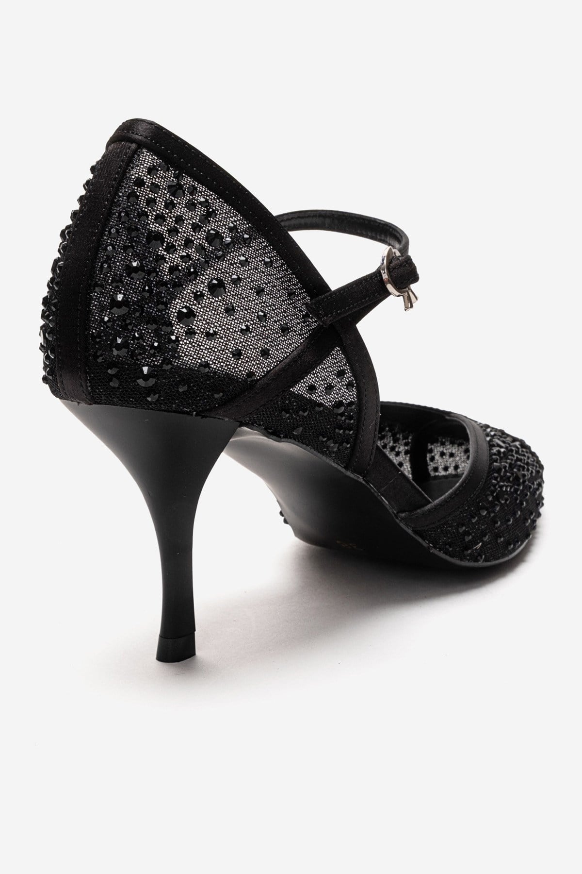 RACHEL - Black Genuine Leather Satin Stone-Embellished Mesh Stiletto P – back view showing satin, leather, mesh, Vowalisse