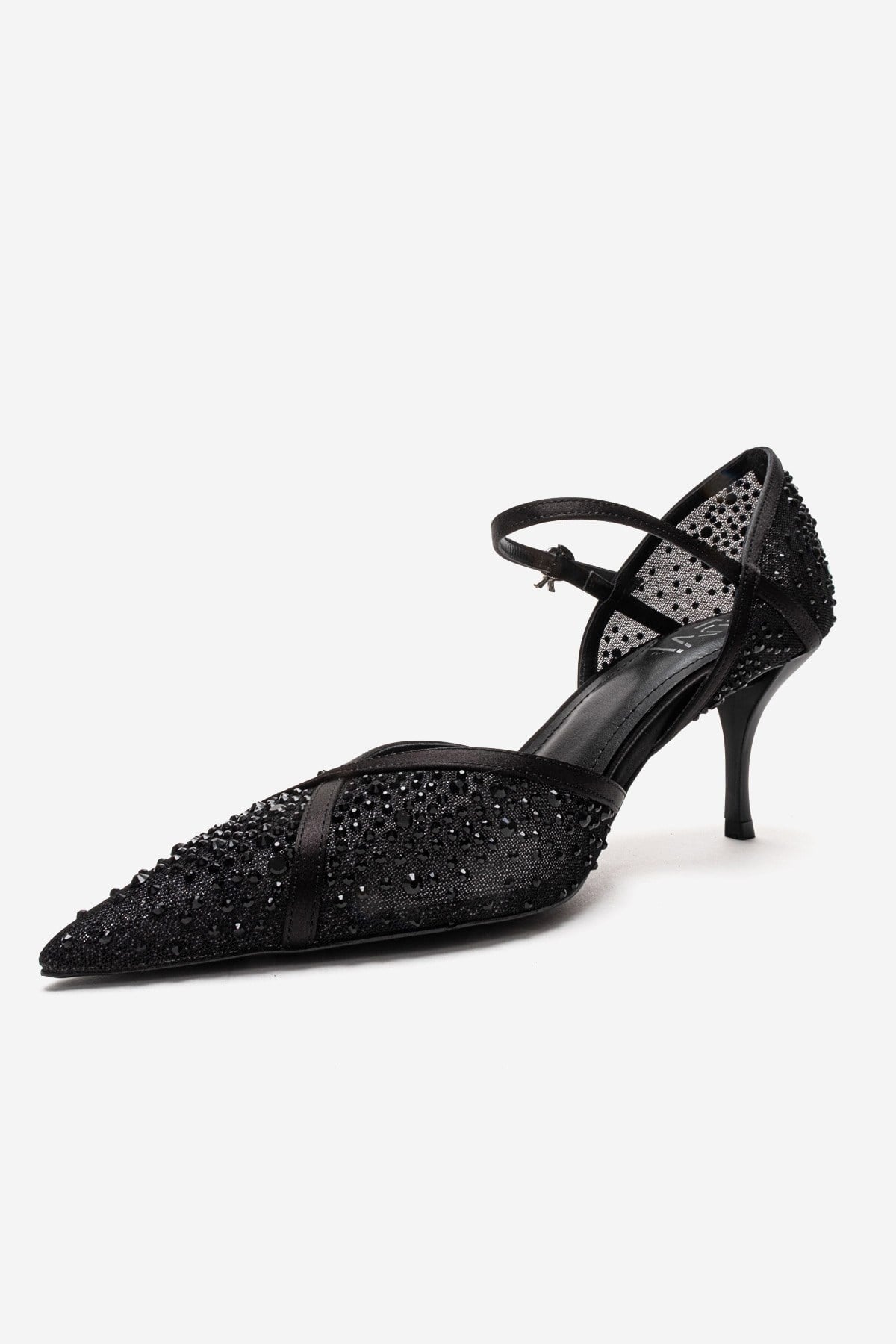 RACHEL - Black Genuine Leather Satin Stone-Embellished Mesh Stiletto P – top view showing satin, leather, mesh, Vowalisse