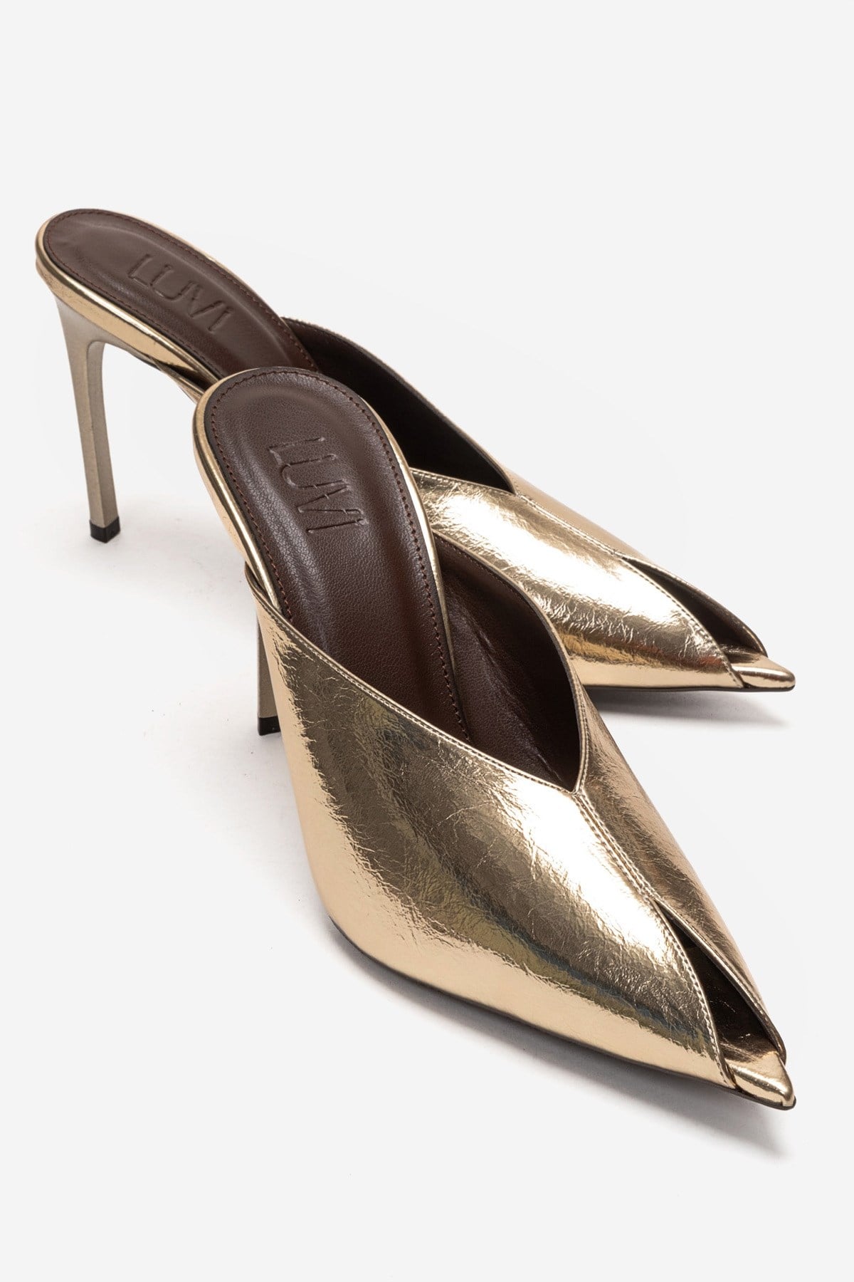 MIRENA - Gold Genuine Leather Stiletto Mule – front three-quarter view showing leather, gold, Vowalisse