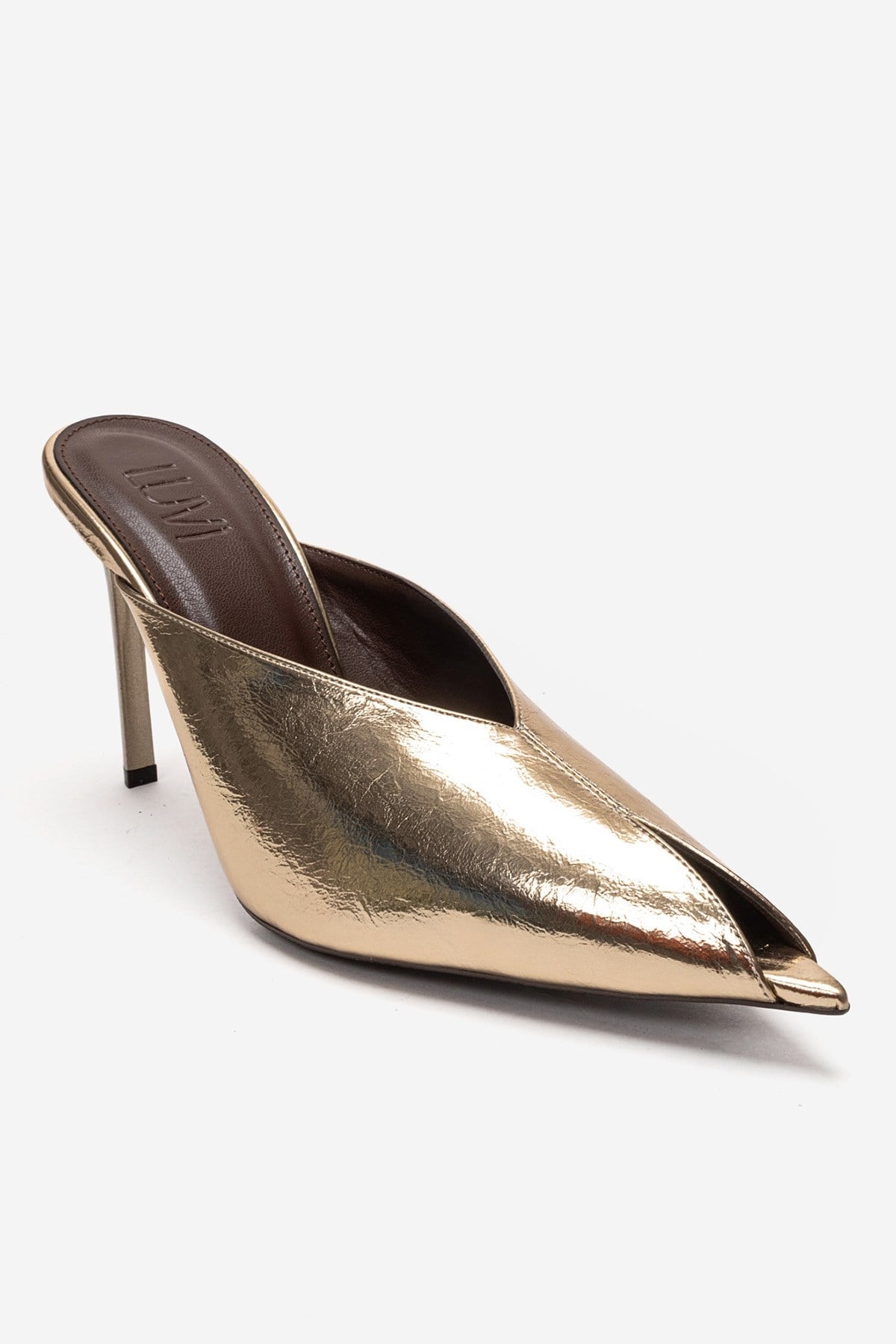 MIRENA - Gold Genuine Leather Stiletto Mule – detail view showing leather, gold, Vowalisse
