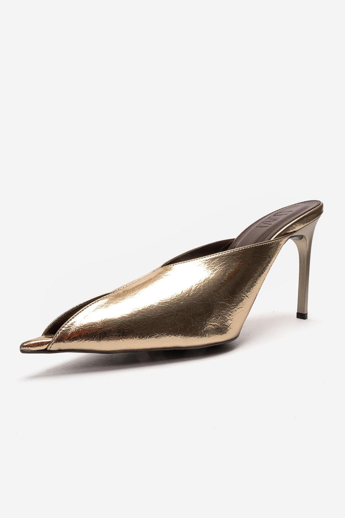 MIRENA - Gold Genuine Leather Stiletto Mule – top view showing leather, gold, Vowalisse