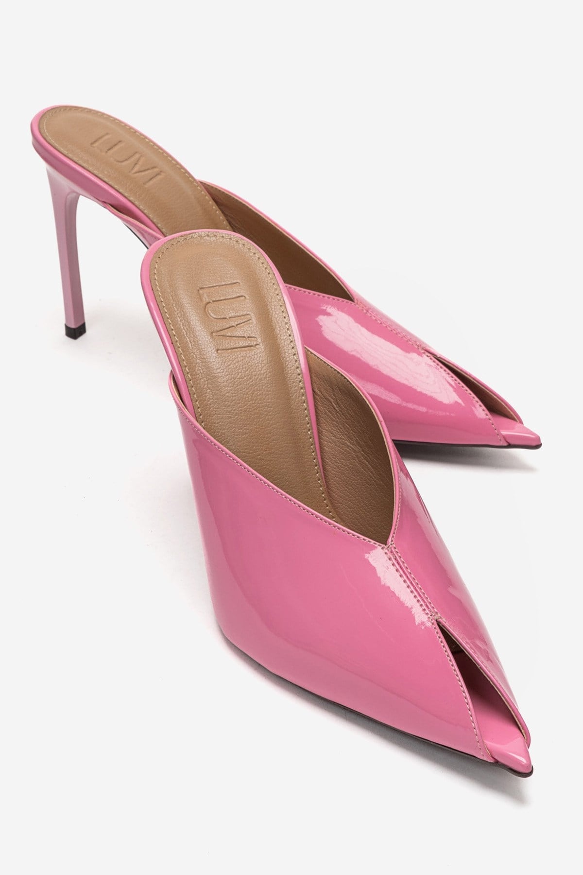 Mirena - Pink Genuine Leather Stiletto Mule – front three-quarter view showing leather, pink, Vowalisse