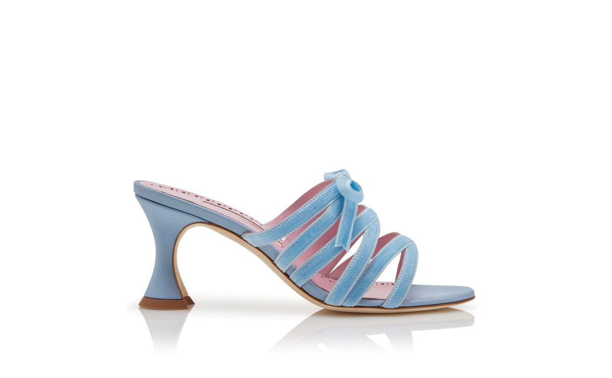 Cressida Muse Blue Bow Detail Mules – side profile showing blue bow detail, open toe, velvet, Vowalisse
