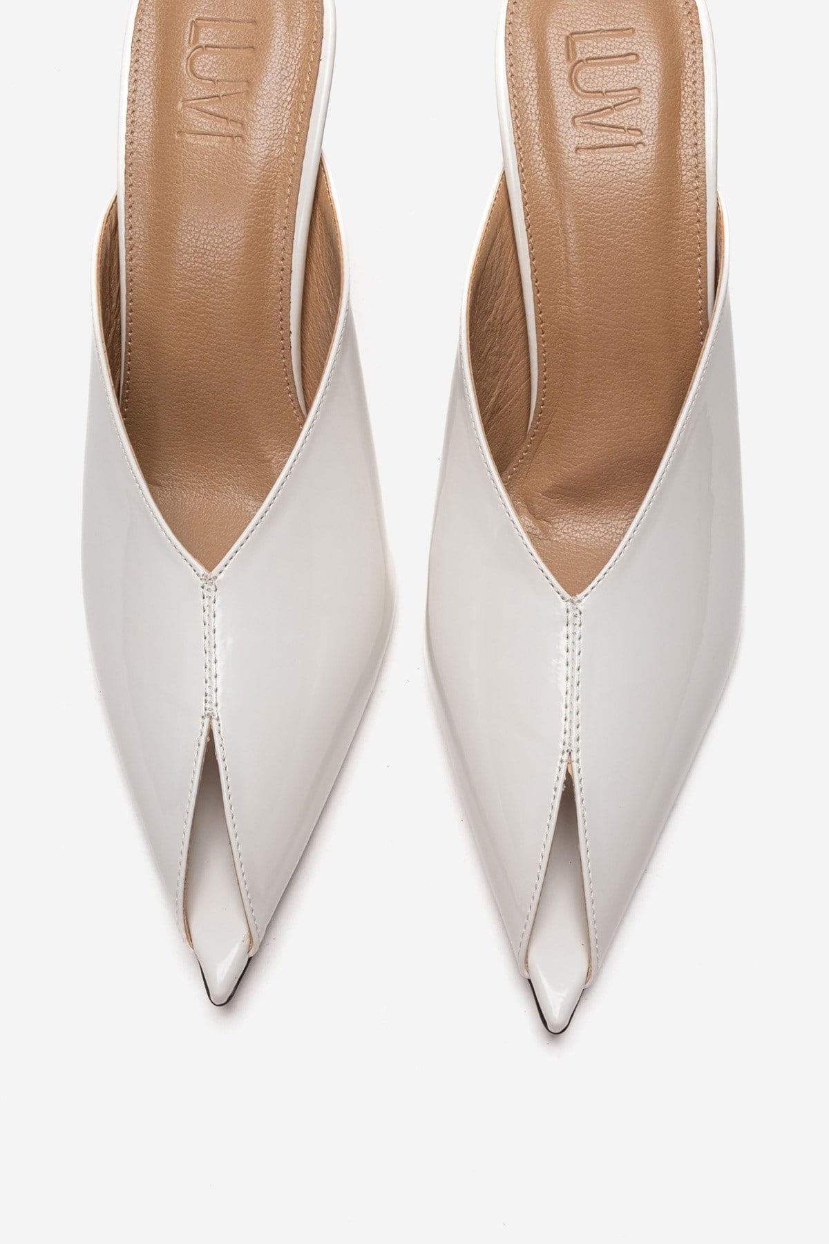 Mirena - White Genuine Leather Stiletto Mule – side view showing leather, white, Vowalisse