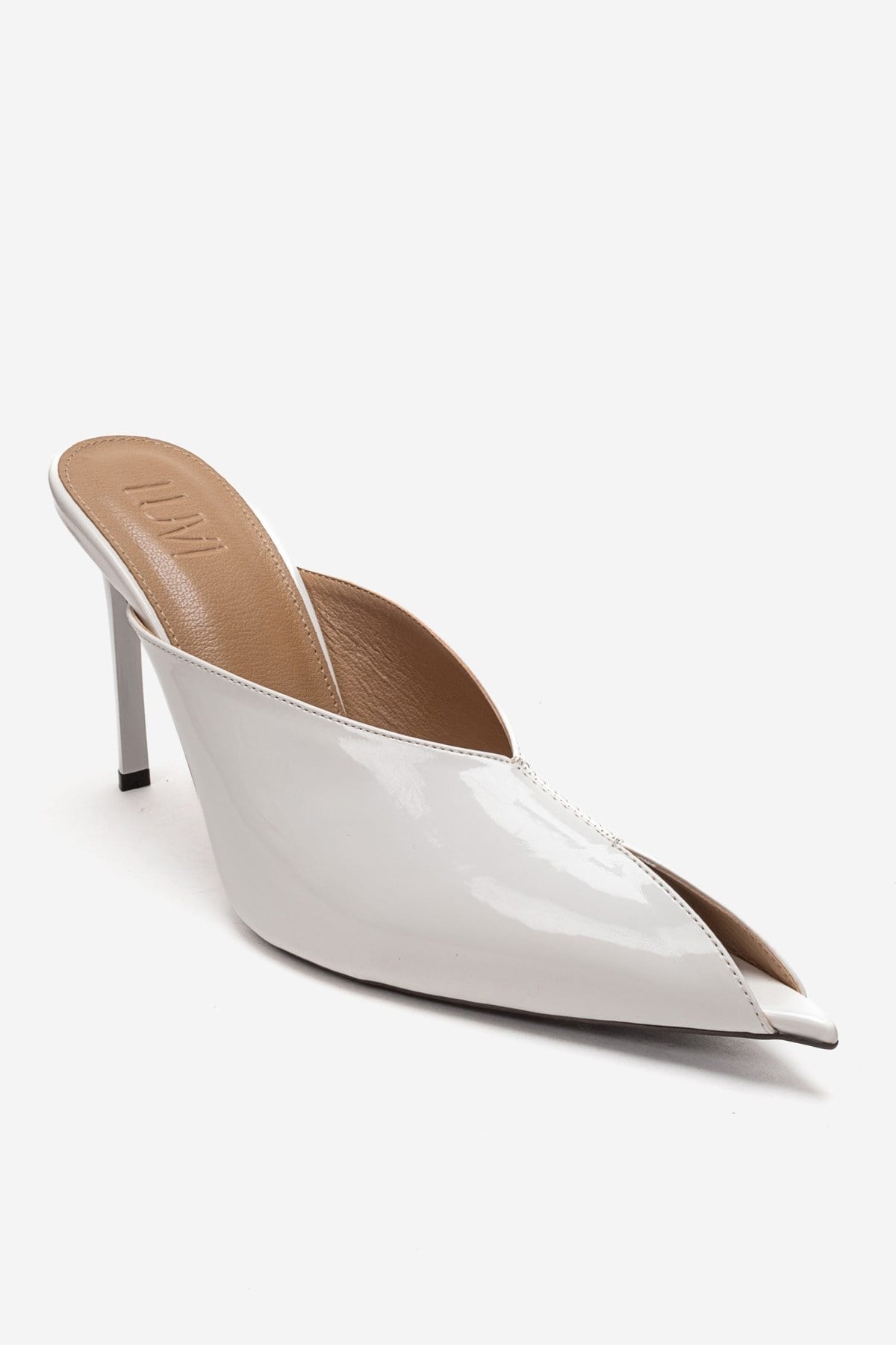 Mirena - White Genuine Leather Stiletto Mule – detail view showing leather, white, Vowalisse