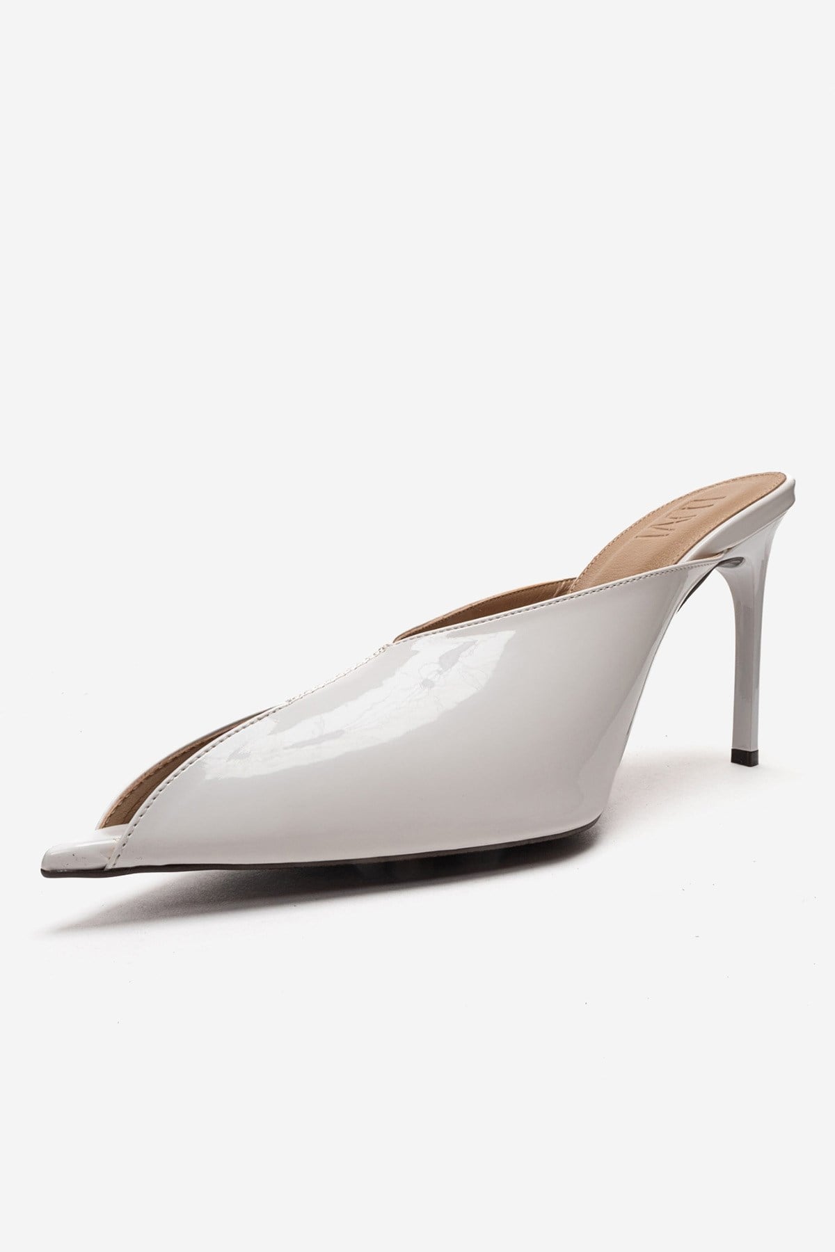 Mirena - White Genuine Leather Stiletto Mule – top view showing leather, white, Vowalisse