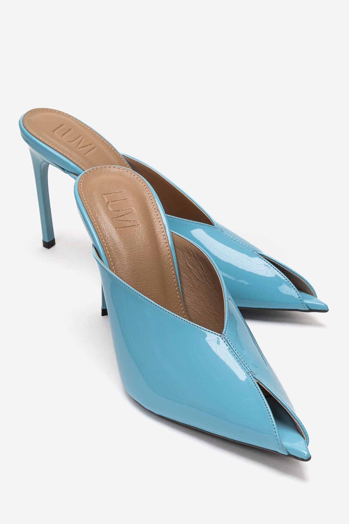 Mirena - Blue Genuine Leather Stiletto Mule – front three-quarter view showing leather, blue, Vowalisse