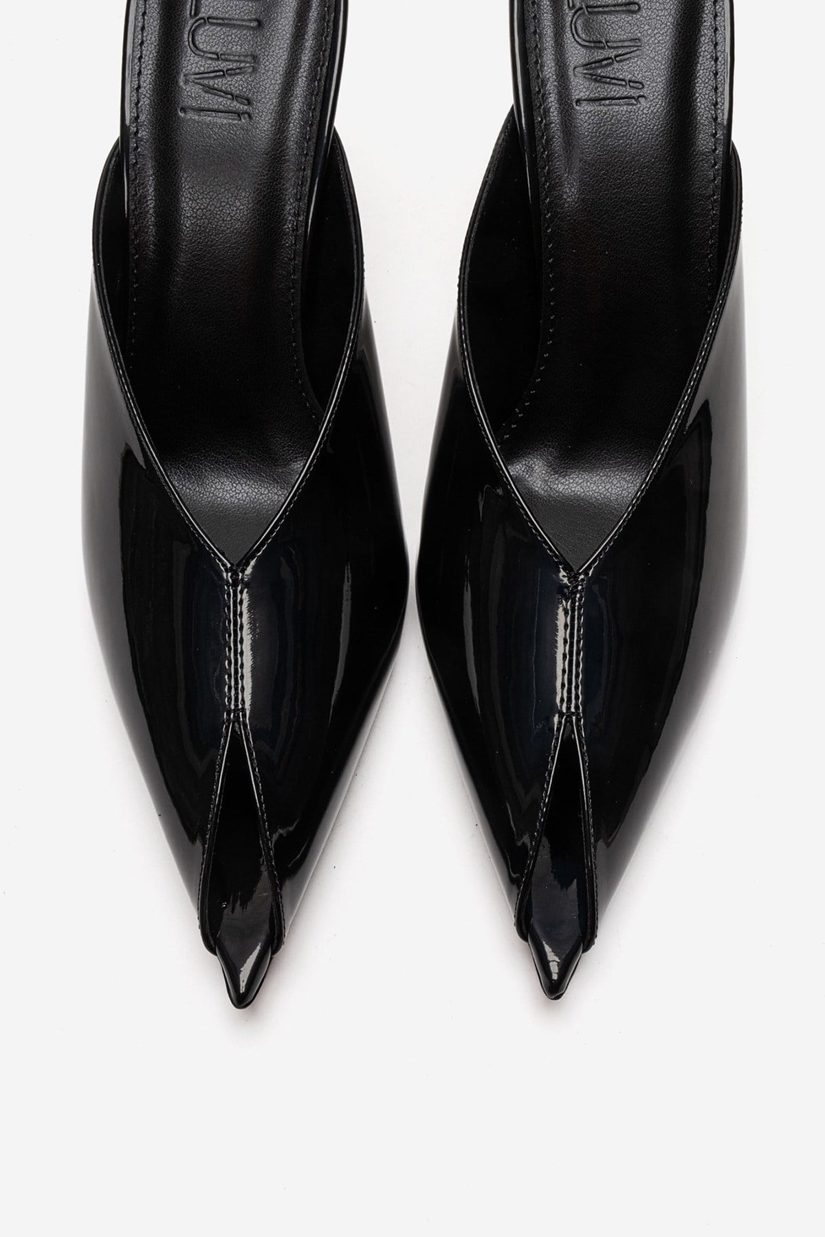 Mirena - Black Genuine Leather Stiletto Mule – side view showing leather, black, Vowalisse