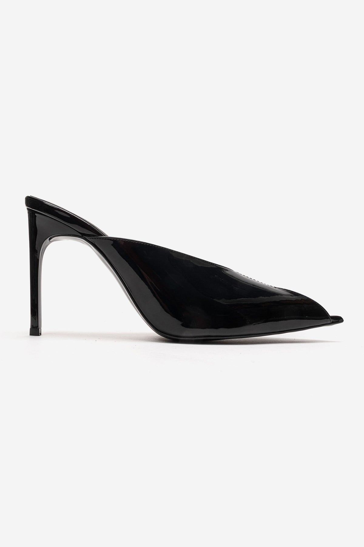 Mirena - Black Genuine Leather Stiletto Mule – heel view showing leather, black, Vowalisse