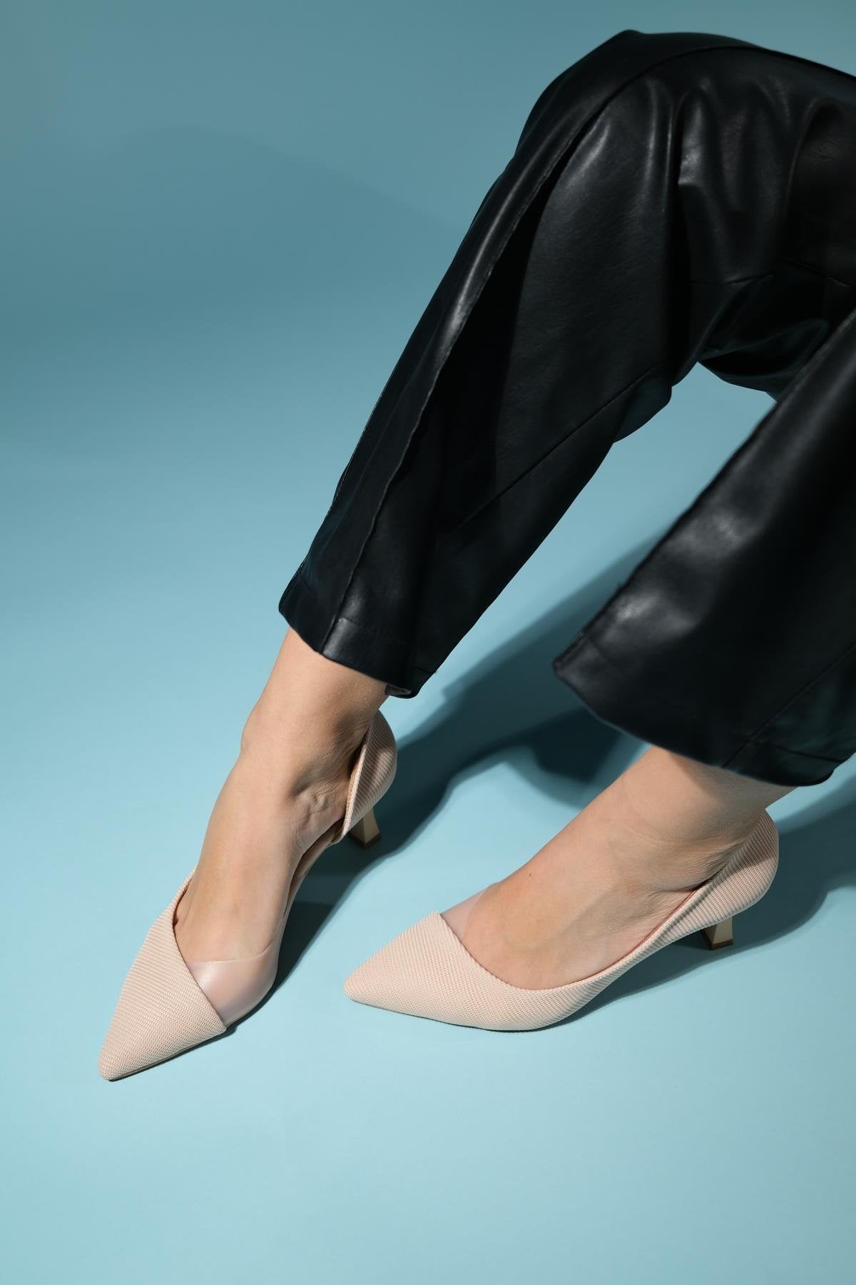 Chevy - Nude Striped Heeled Shoe – side view showing leather, nude, Vowalisse