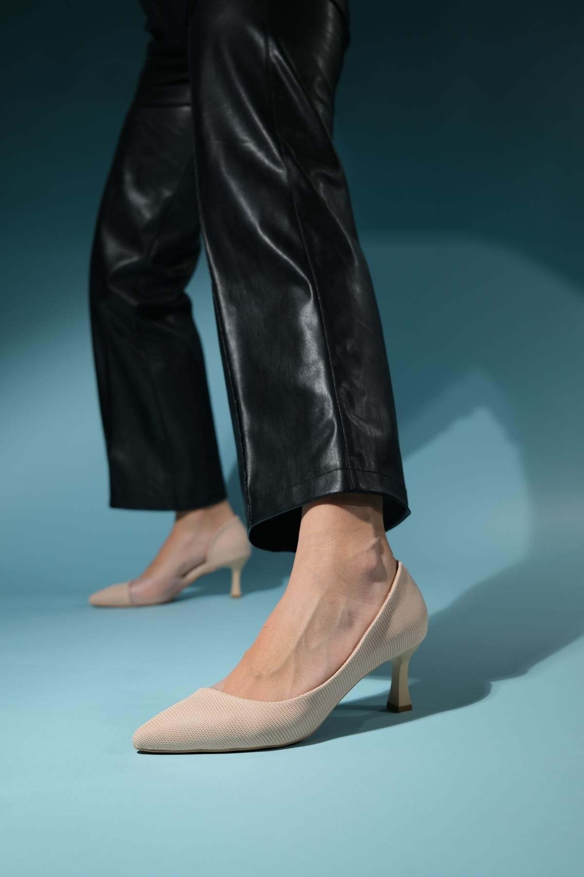 Chevy - Nude Striped Heeled Shoe – detail view showing leather, nude, Vowalisse