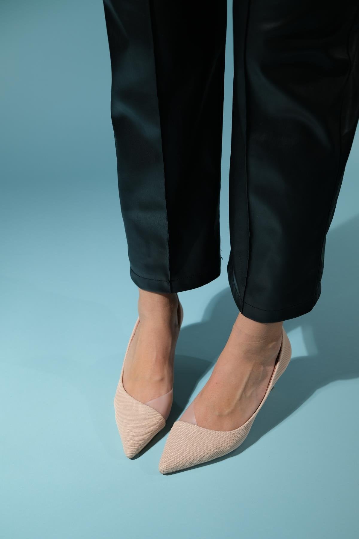 Chevy - Nude Striped Heeled Shoe – heel view showing leather, nude, Vowalisse