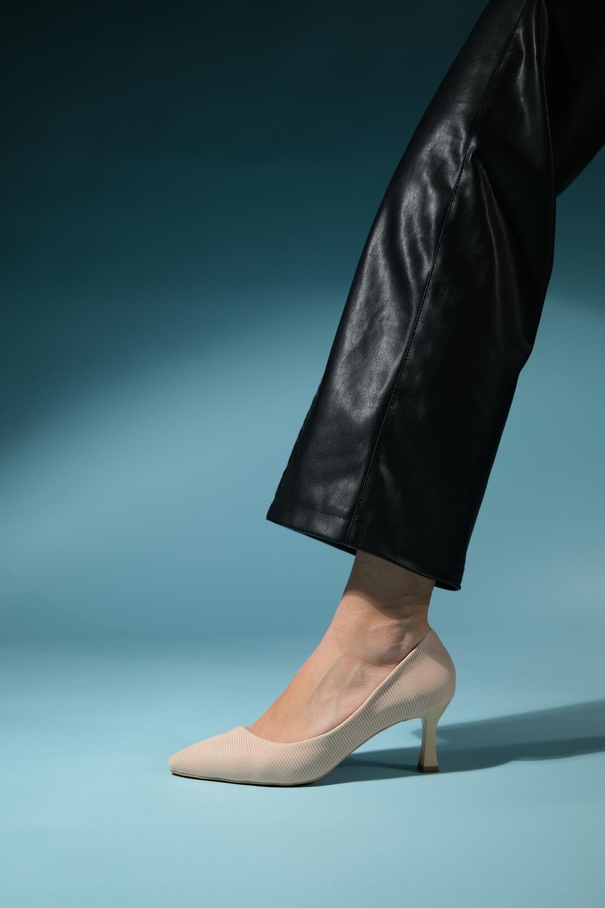 Chevy - Nude Striped Heeled Shoe – back view showing leather, nude, Vowalisse