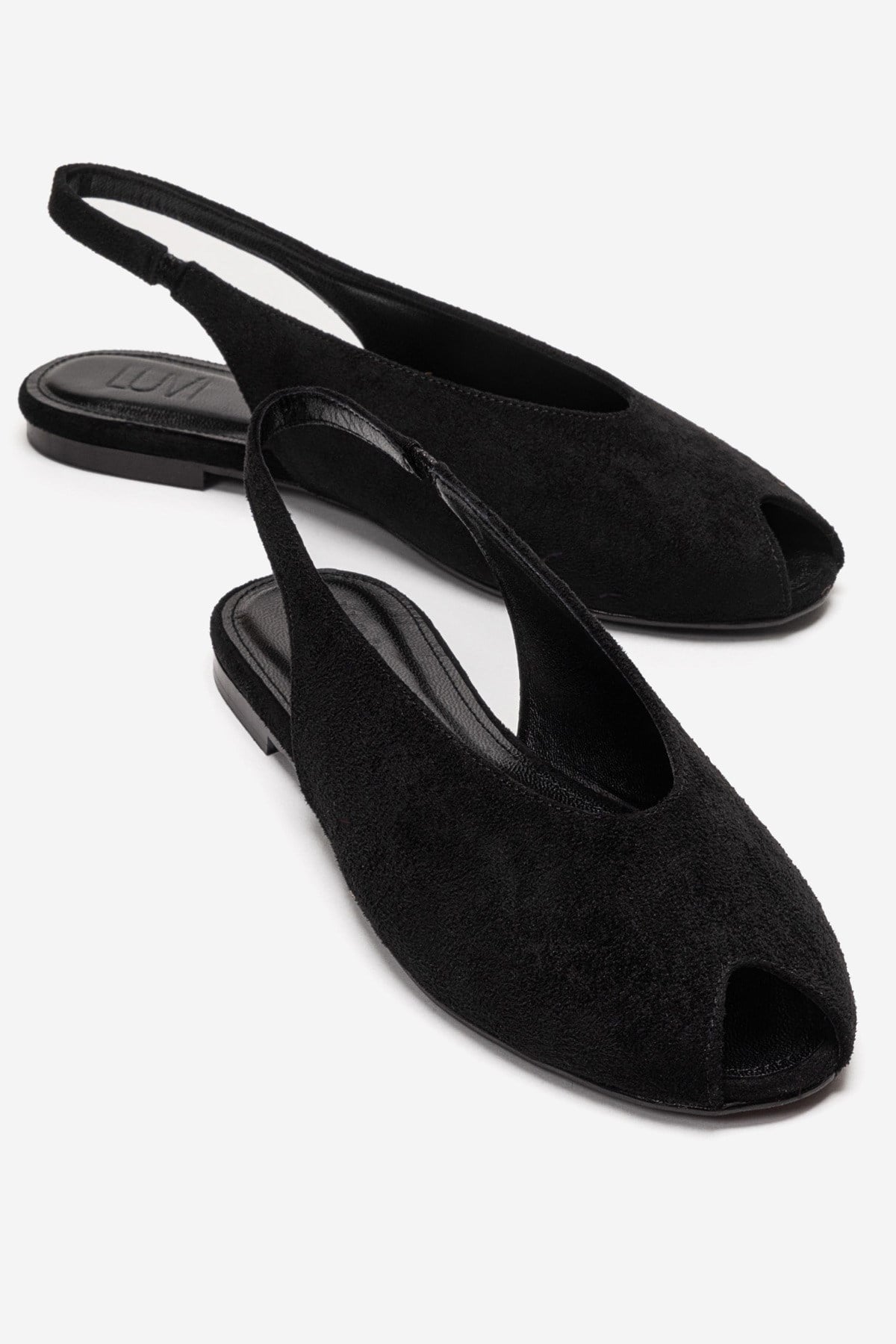 SERINA - Black Genuine Leather Sandal – front three-quarter view showing leather, suede, black, Vowalisse