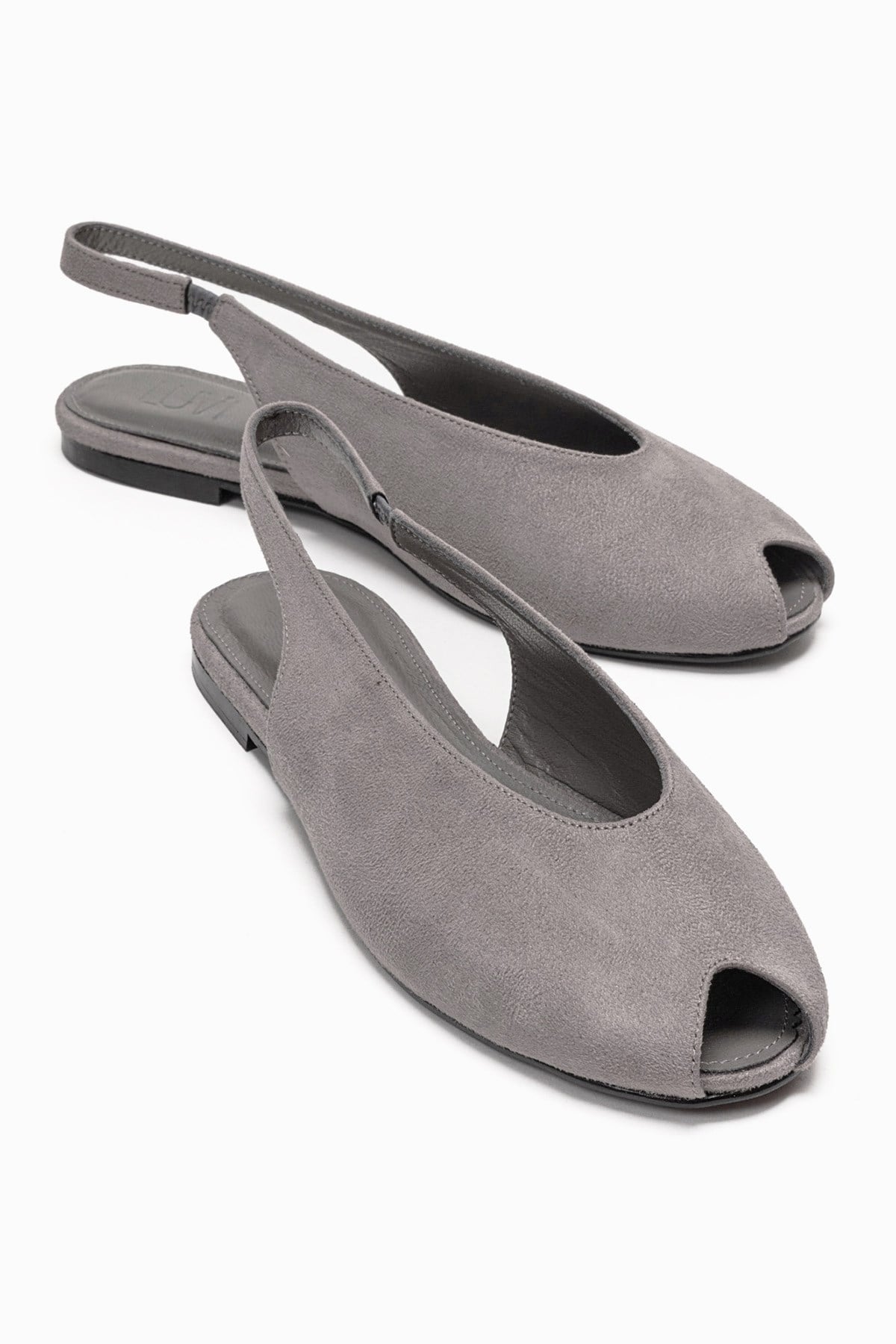 SERINA - Grey Genuine Leather Open Front Slingback Sandal – front three-quarter view showing leather, suede, Vowalisse