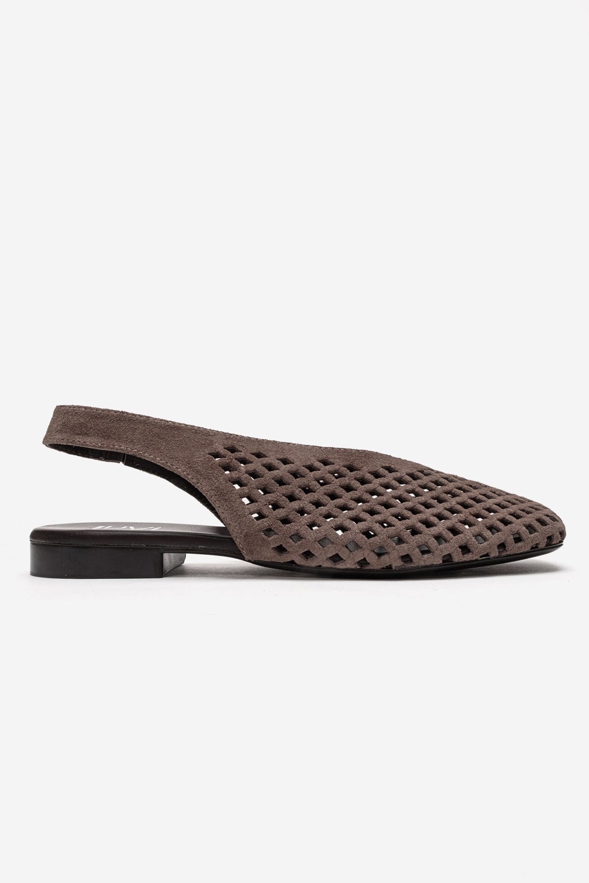 DELIZIA - Taupe Genuine Leather Closed Front Laser-Cut Sandal – heel view showing leather, suede, Vowalisse