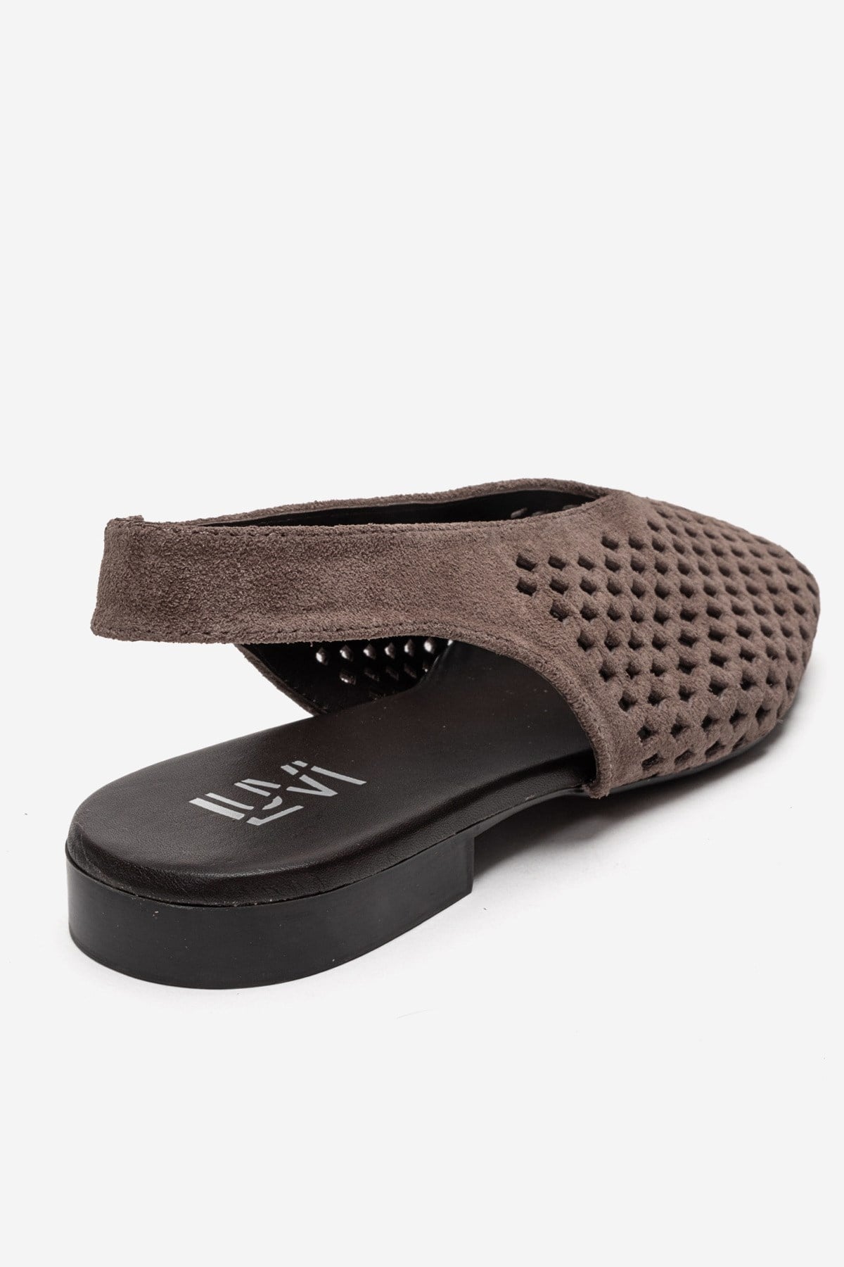 DELIZIA - Taupe Genuine Leather Closed Front Laser-Cut Sandal – back view showing leather, suede, Vowalisse