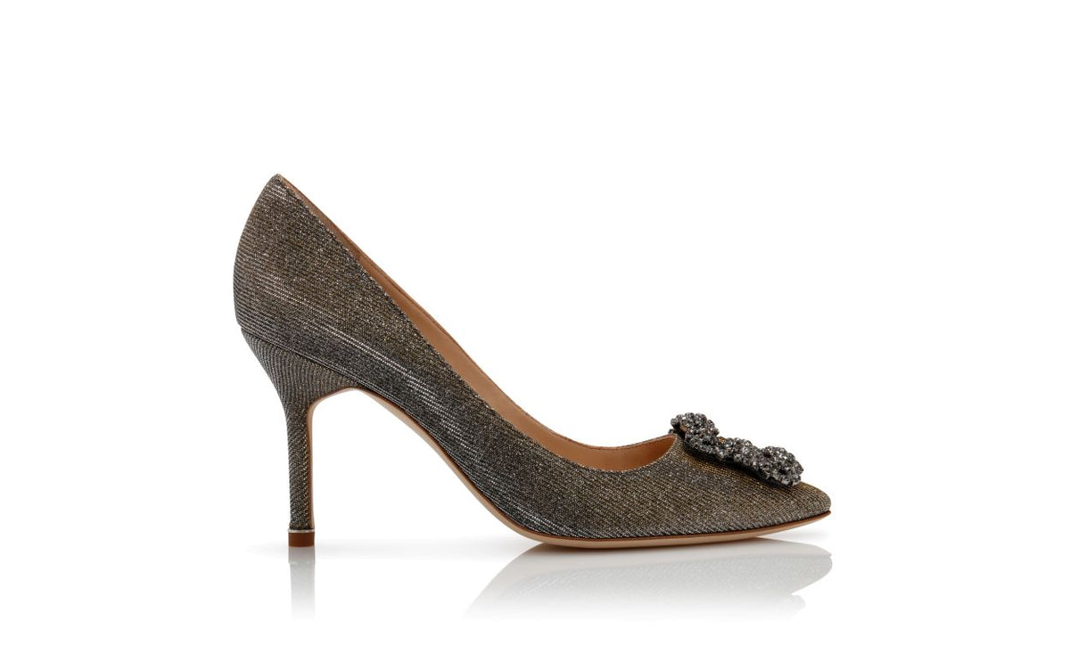 Valentina Crown Gold Jewel Buckle Pumps – side profile showing gold jewel buckle, crystal buckle, almond toe, Vowalisse