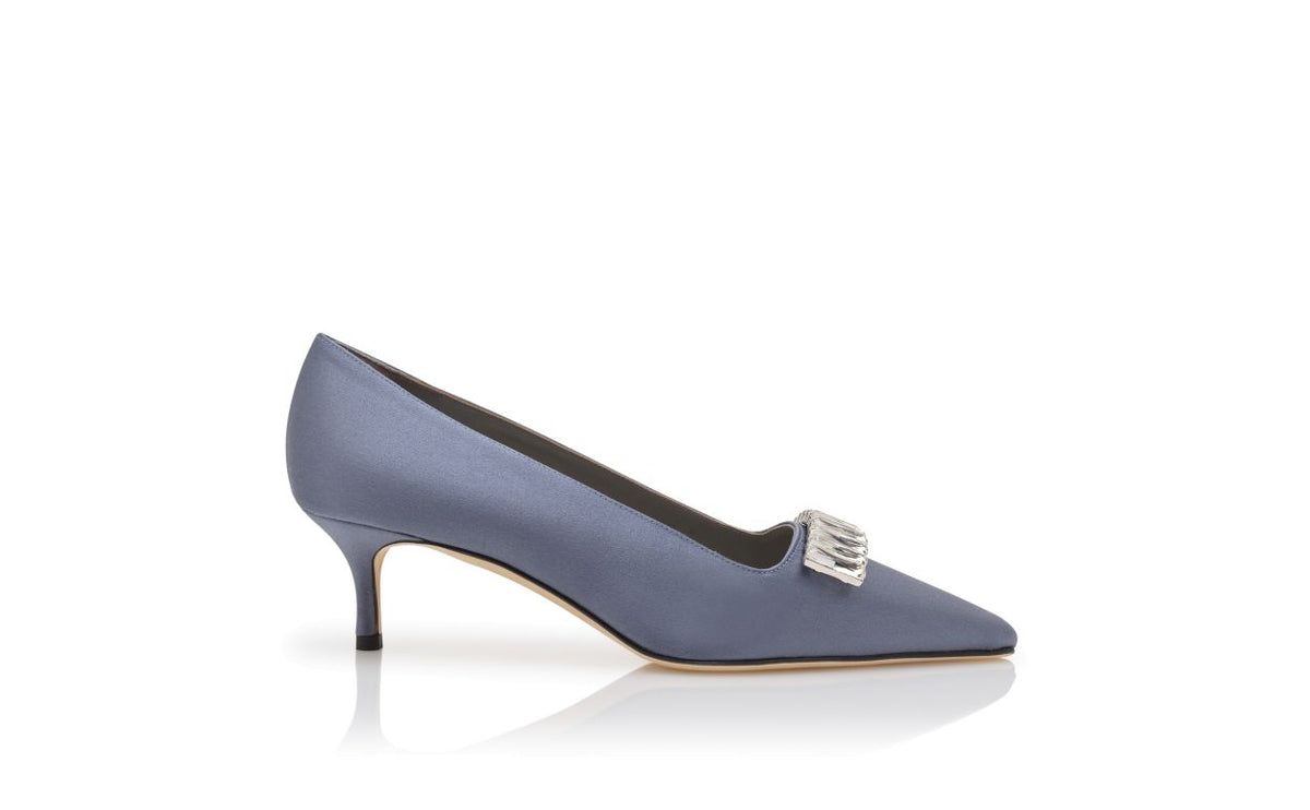 Magnolia Muse Blue Crystal Embellished Pumps – side profile showing blue crystal embellished, almond toe, satin, Vowalisse