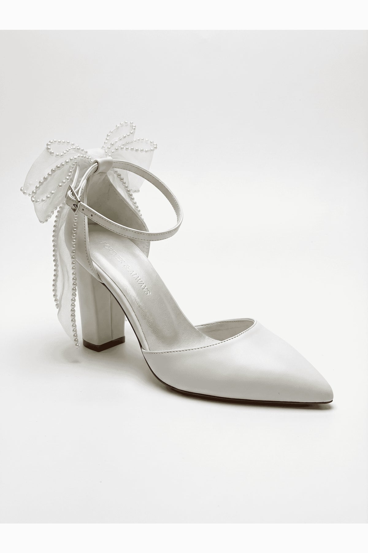 Elvienne Pointed Toe Bow Detail Block Heel Bridal Sandals – front three-quarter view showing bow, ivory, red, Vowalisse