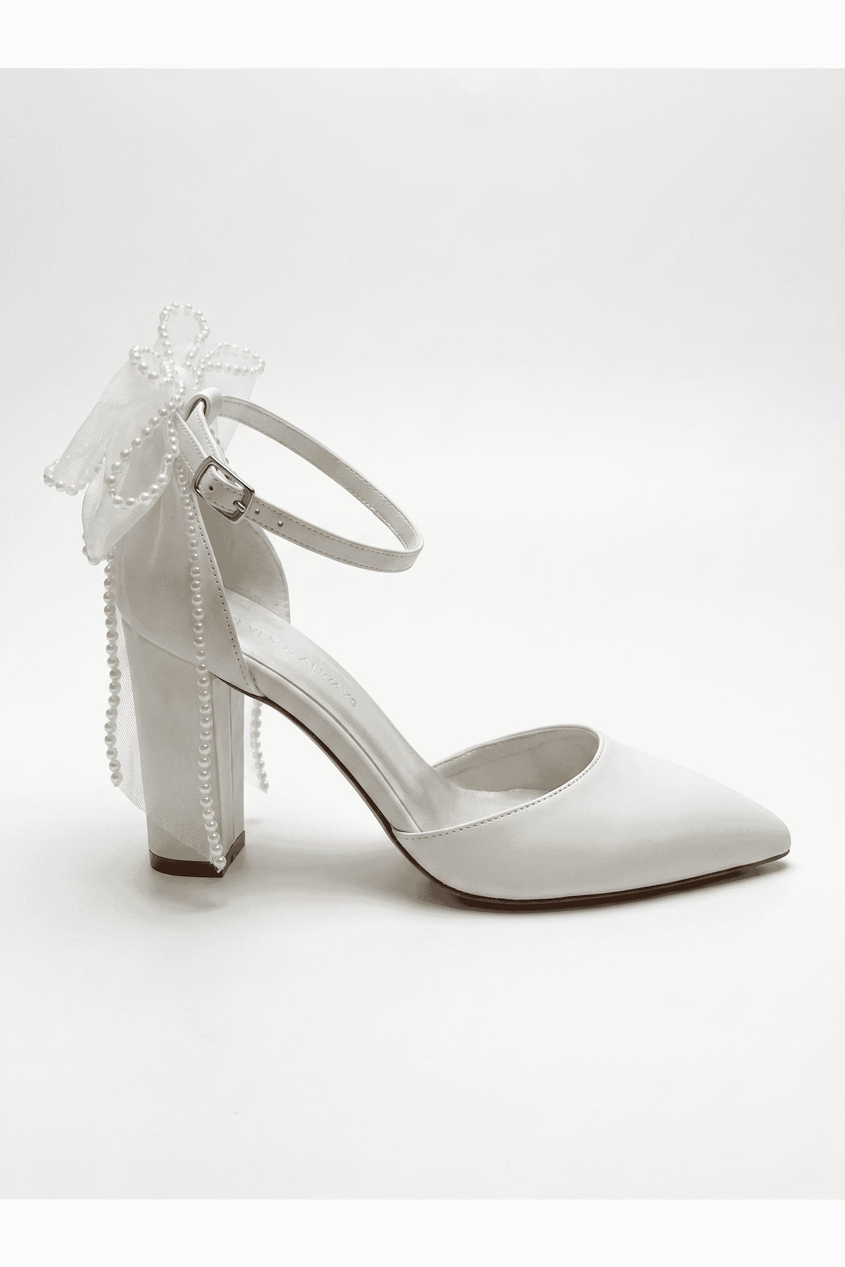 Elvienne Pointed Toe Bow Detail Block Heel Bridal Sandals – side view showing bow, ivory, red, Vowalisse