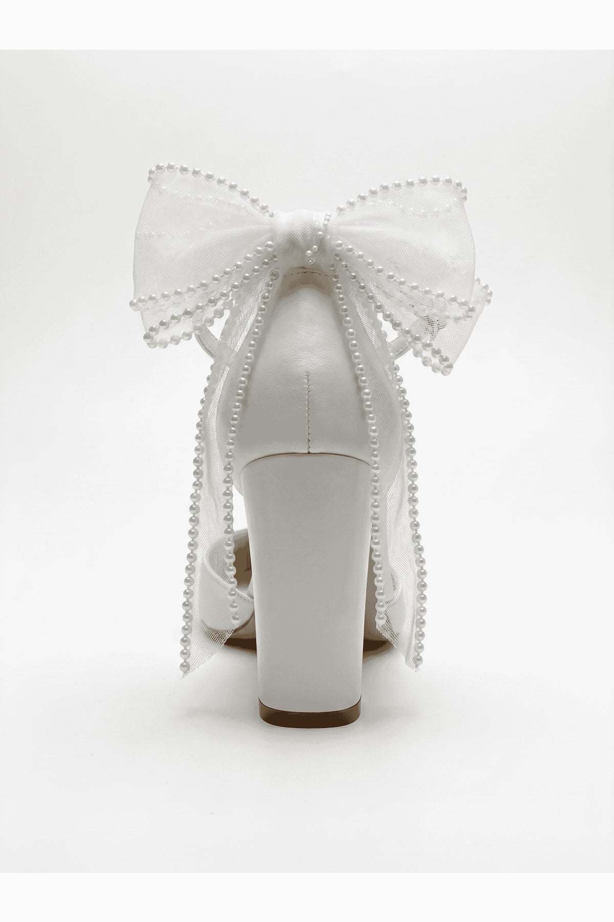 Elvienne Pointed Toe Bow Detail Block Heel Bridal Sandals – detail view showing bow, ivory, red, Vowalisse