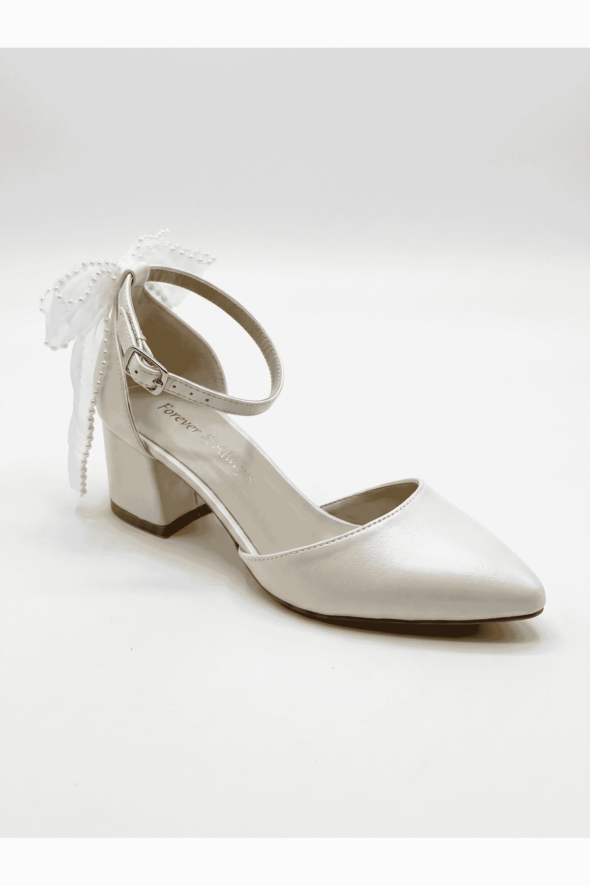 Rosavelle Pointed Toe Bow Detail Block Heel Bridal Sandals – front three-quarter view showing bow, lace, ivory, Vowalisse
