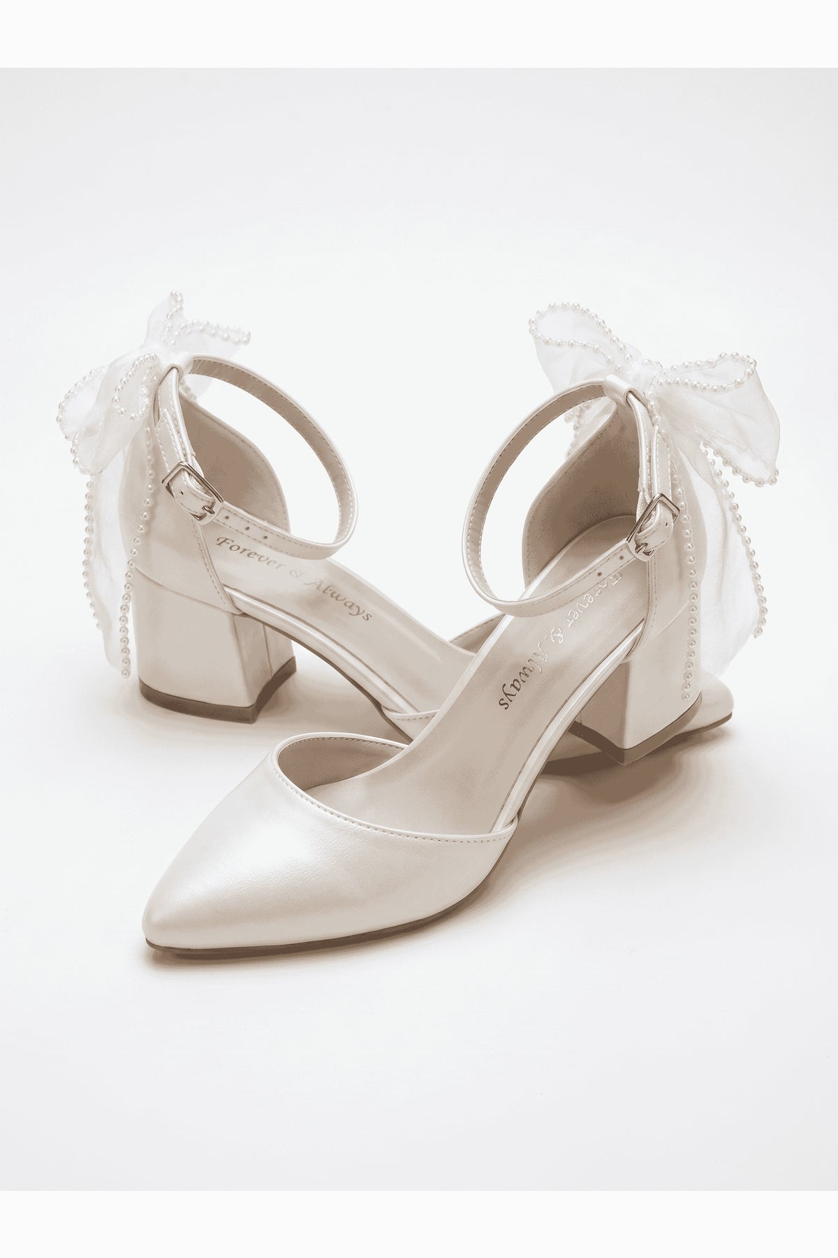 Rosavelle Pointed Toe Bow Detail Block Heel Bridal Sandals – back view showing bow, lace, ivory, Vowalisse