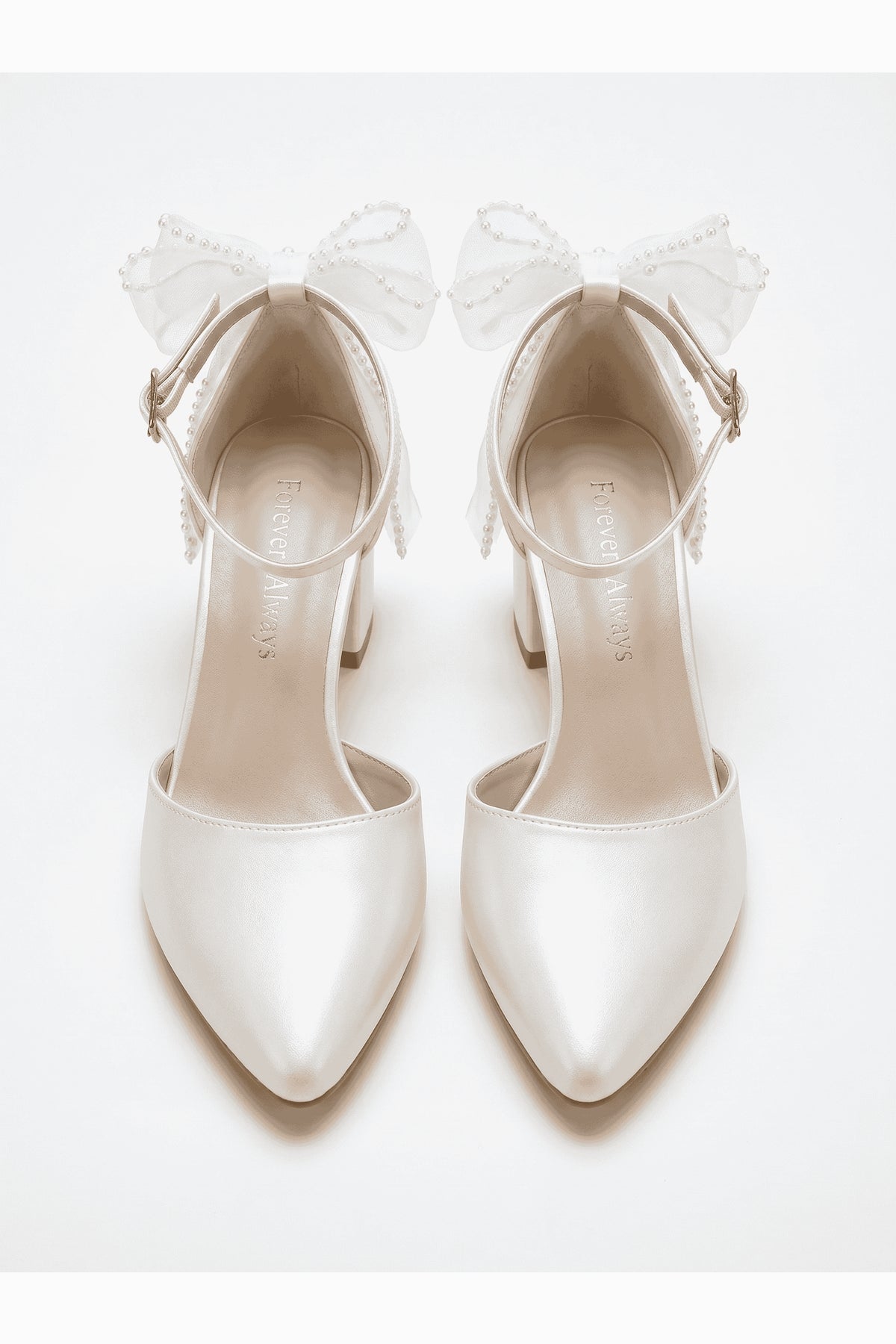 Rosavelle Pointed Toe Bow Detail Block Heel Bridal Sandals – top view showing bow, lace, ivory, Vowalisse