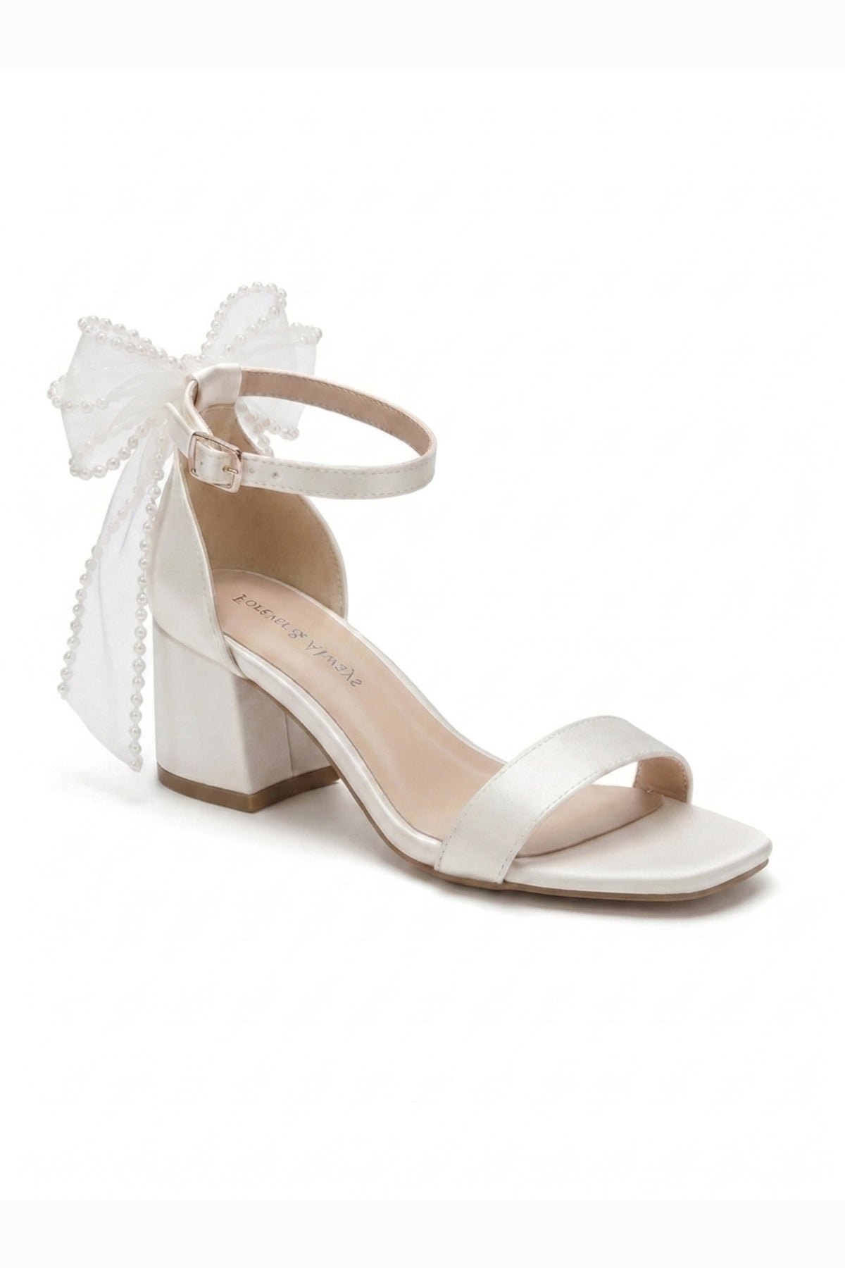 Floraya Opentoe Bow Detail Block Heel Bridal Sandals – front three-quarter view showing bow, lace, ivory, Vowalisse