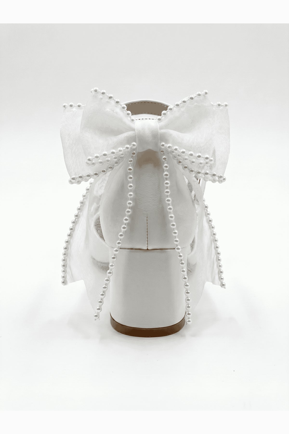 Floraya Opentoe Bow Detail Block Heel Bridal Sandals – detail view showing bow, lace, ivory, Vowalisse